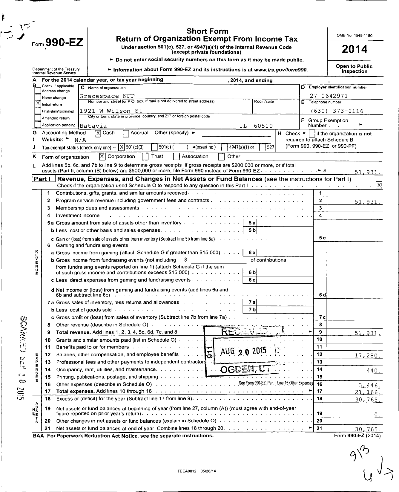 Image of first page of 2014 Form 990EZ for Gracespace NFP