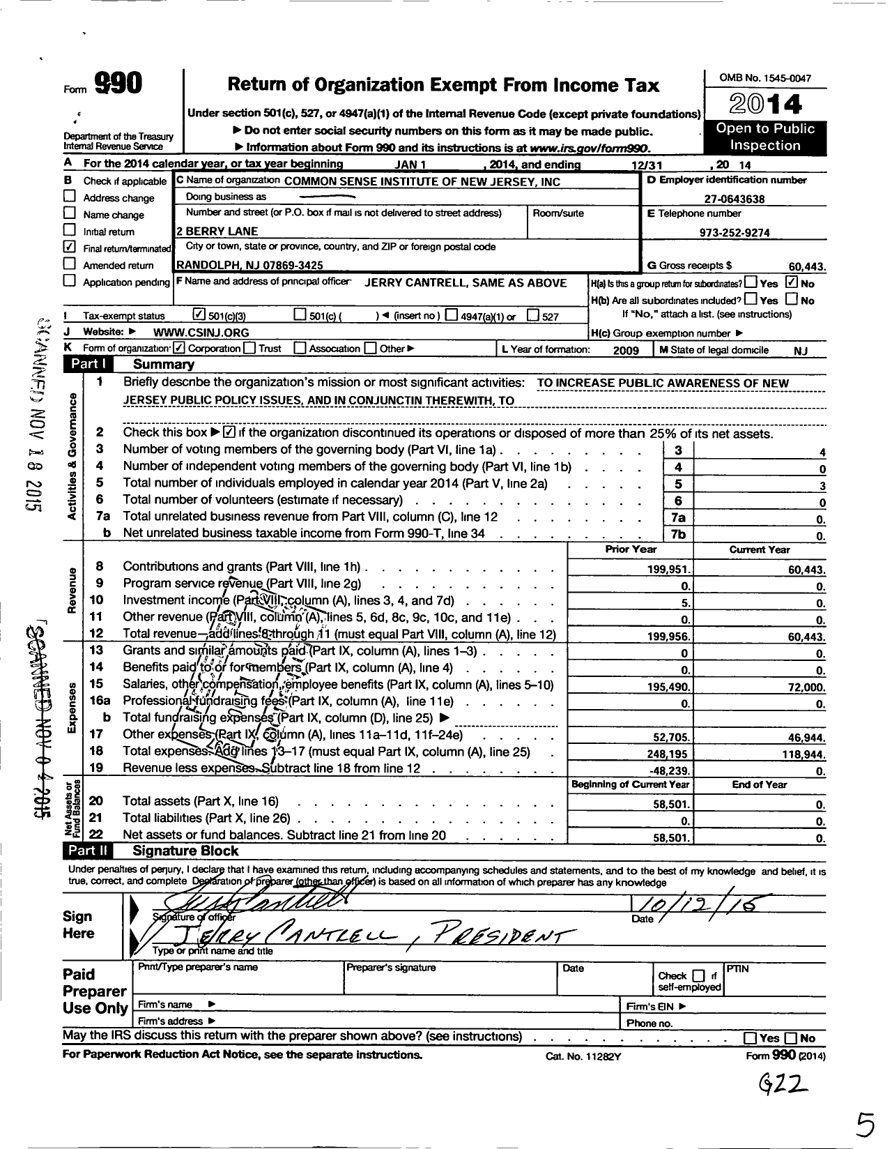 Image of first page of 2014 Form 990 for Common Sense Institute of New Jersey