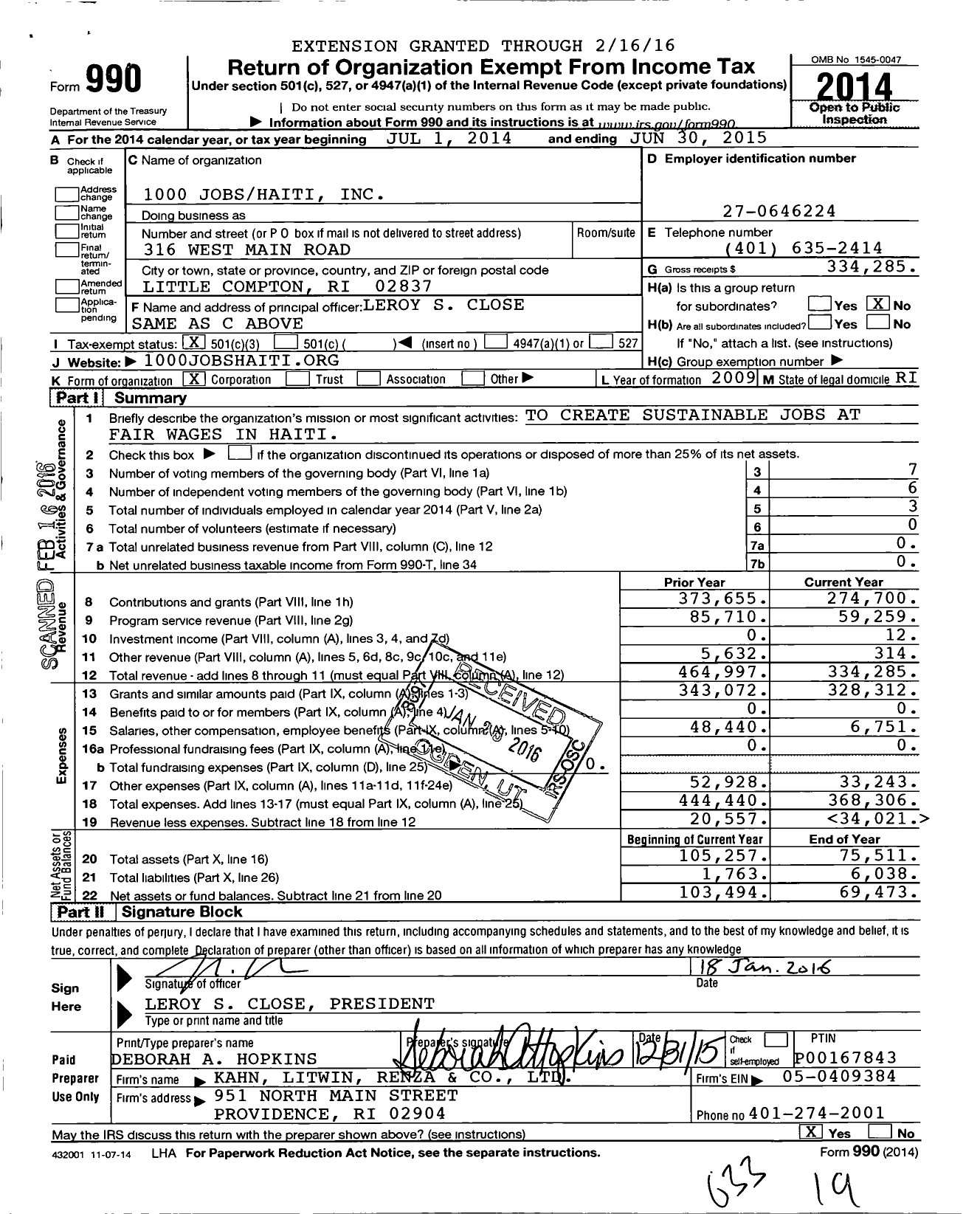 Image of first page of 2014 Form 990 for 1000 Jobshaiti