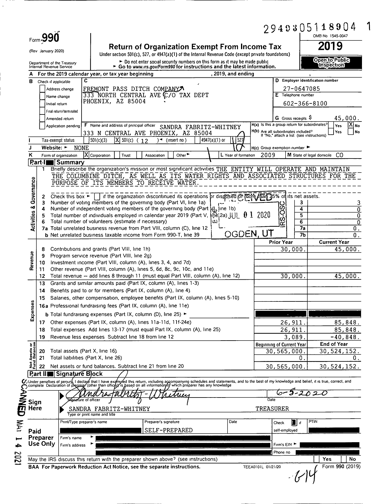 Image of first page of 2019 Form 990O for Fremont Pass Ditch Company