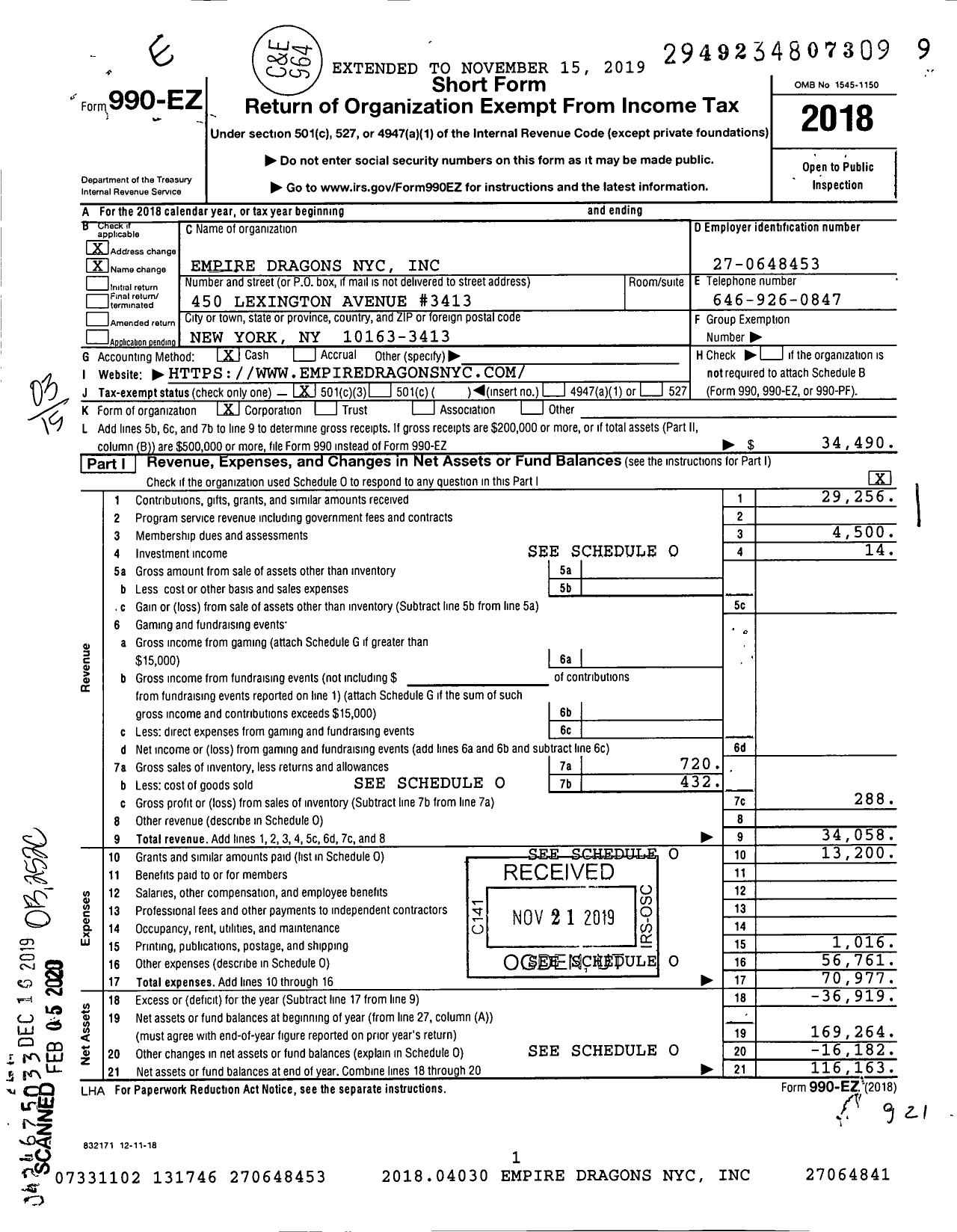 Image of first page of 2018 Form 990EZ for Empire Dragons Nyc