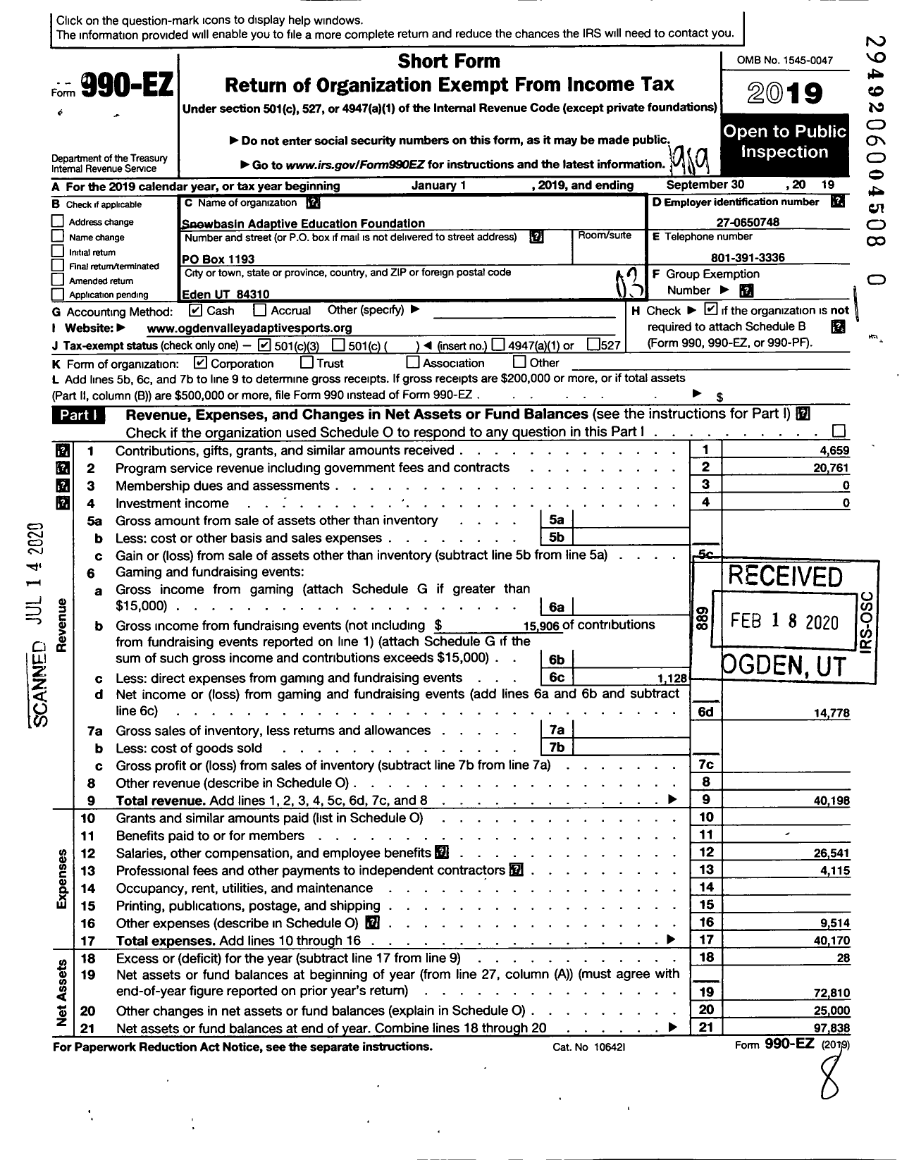 Image of first page of 2018 Form 990EZ for Ogden Valley Adaptive Sports