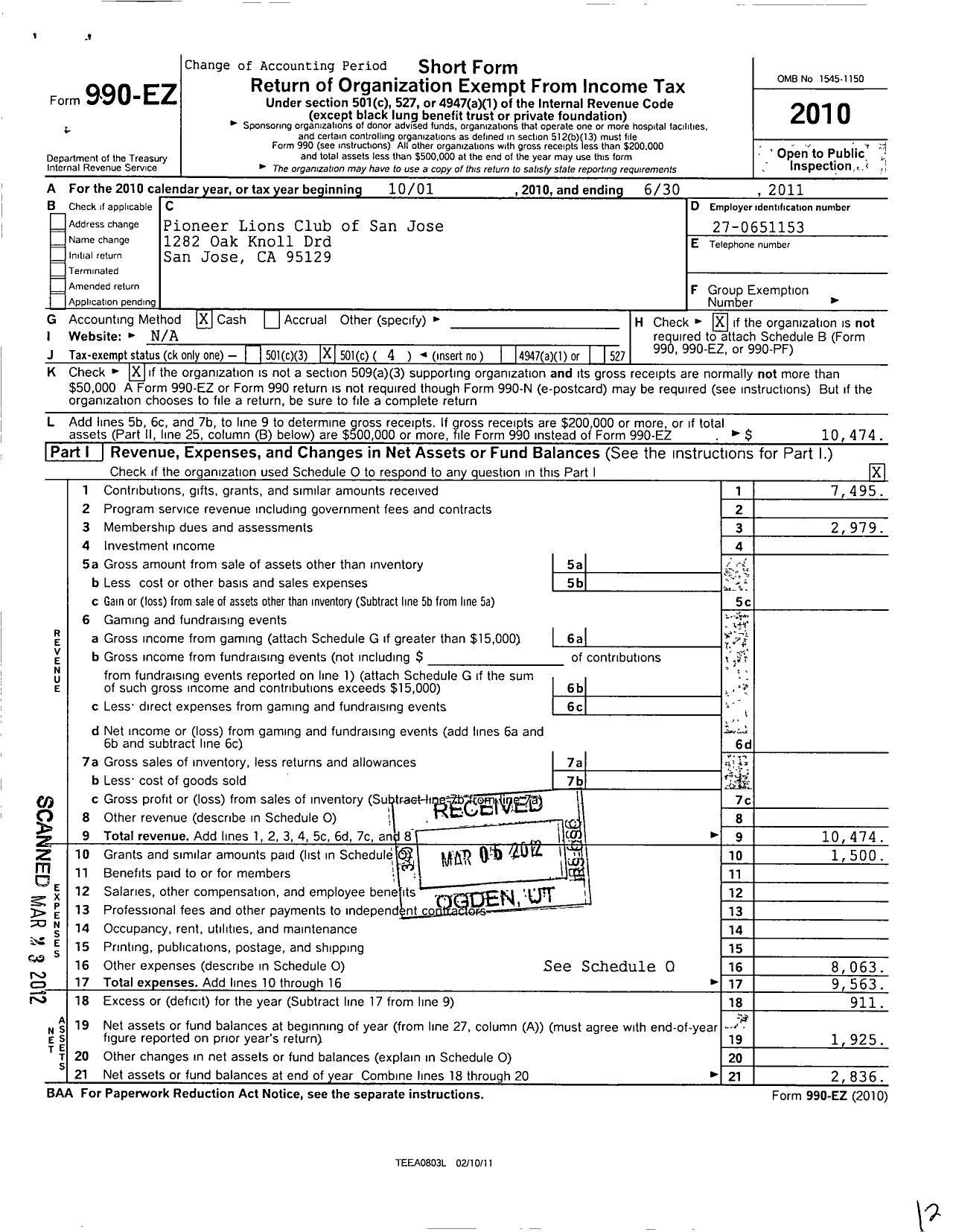 Image of first page of 2010 Form 990EO for San Jose Pioneer Lions Club