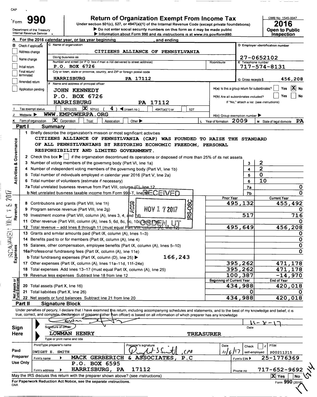 Image of first page of 2016 Form 990O for Citizens Alliance of Pennsylvania