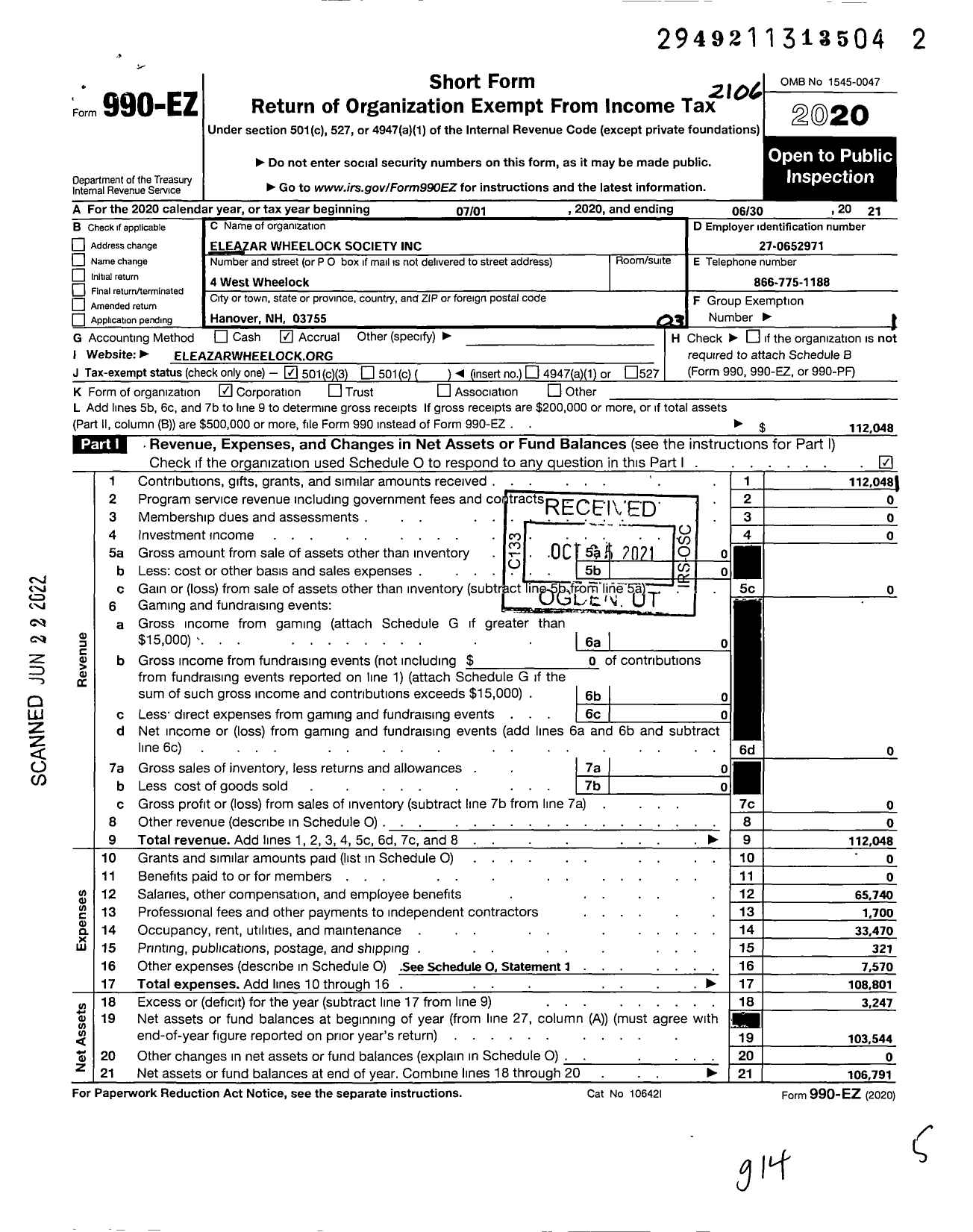 Image of first page of 2020 Form 990EZ for Eleazar Wheelock Society