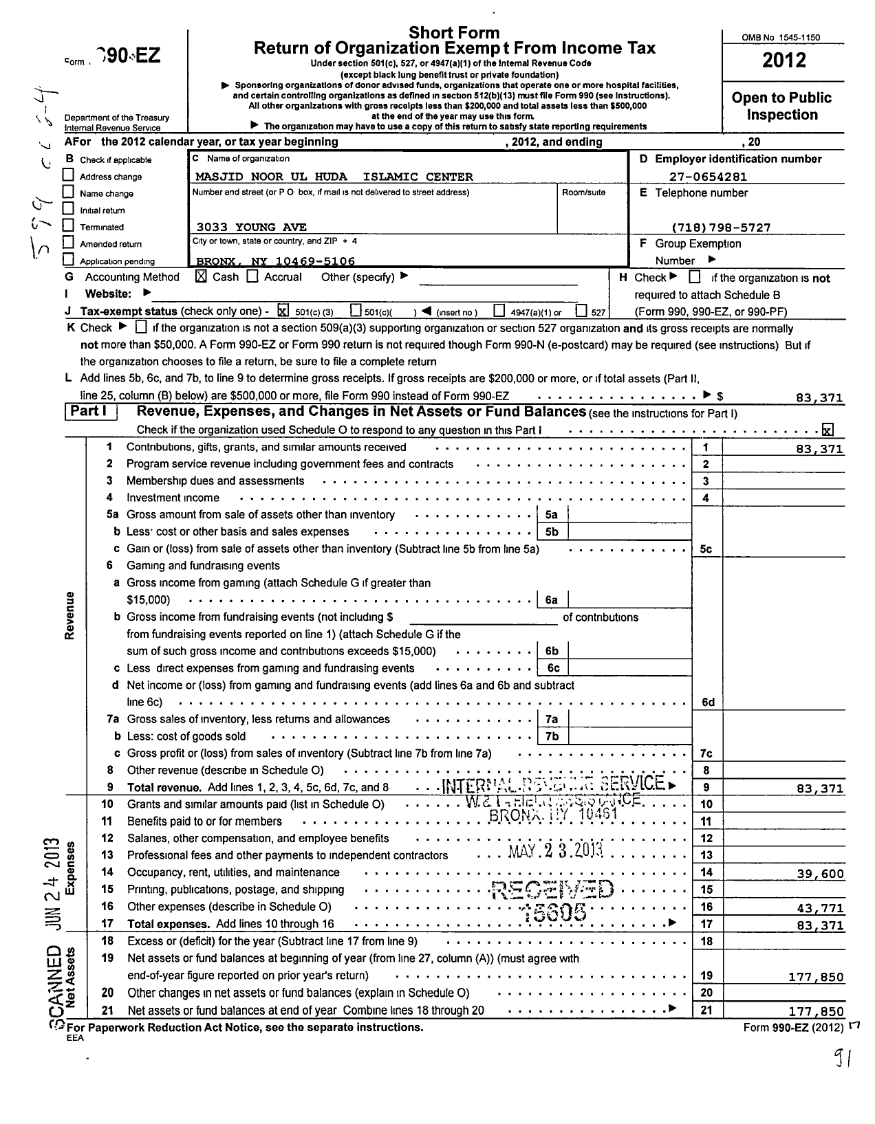 Image of first page of 2012 Form 990EZ for Masjid Noor Ul Huda Islamic Center