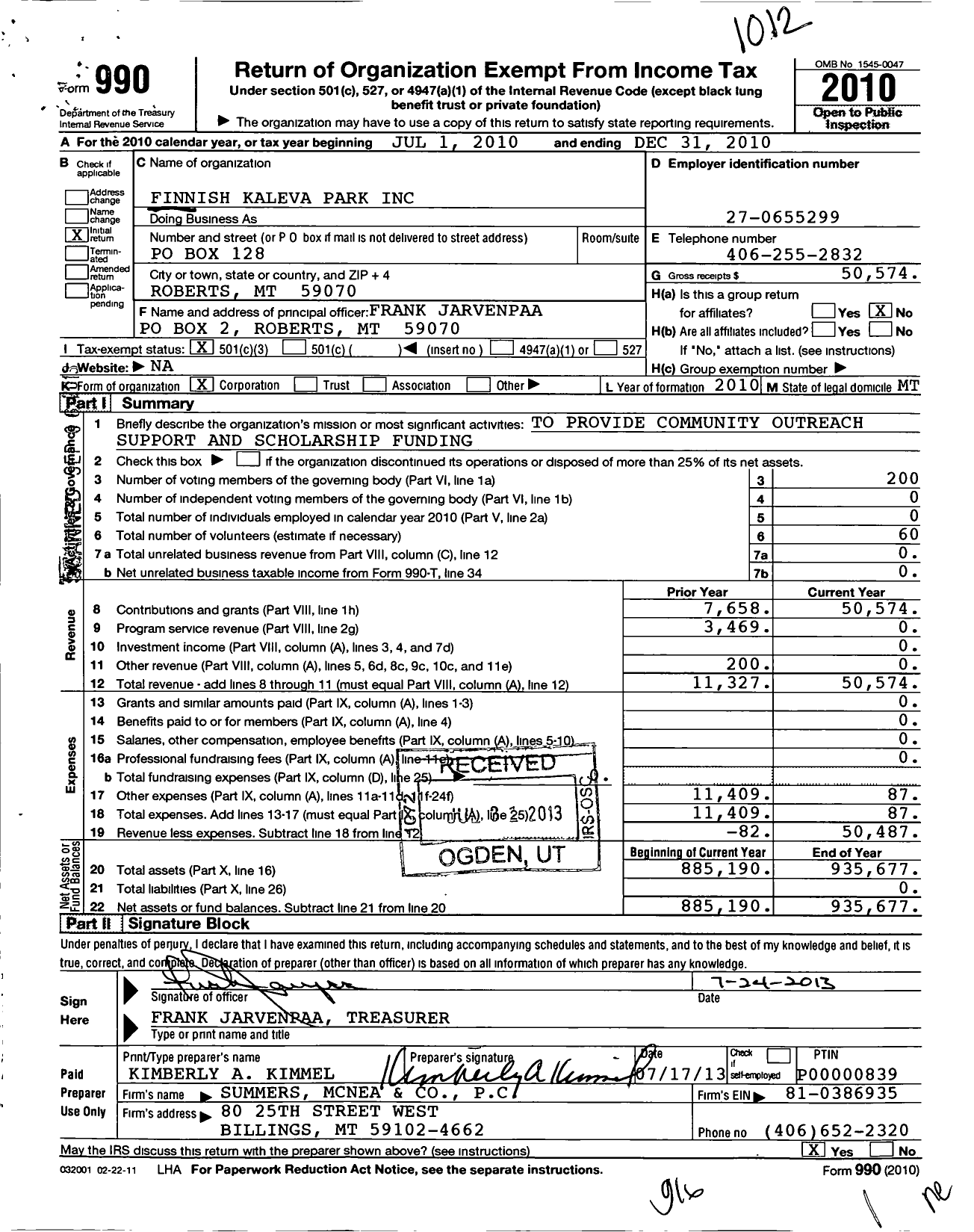 Image of first page of 2010 Form 990 for Finnish Kaleva Park