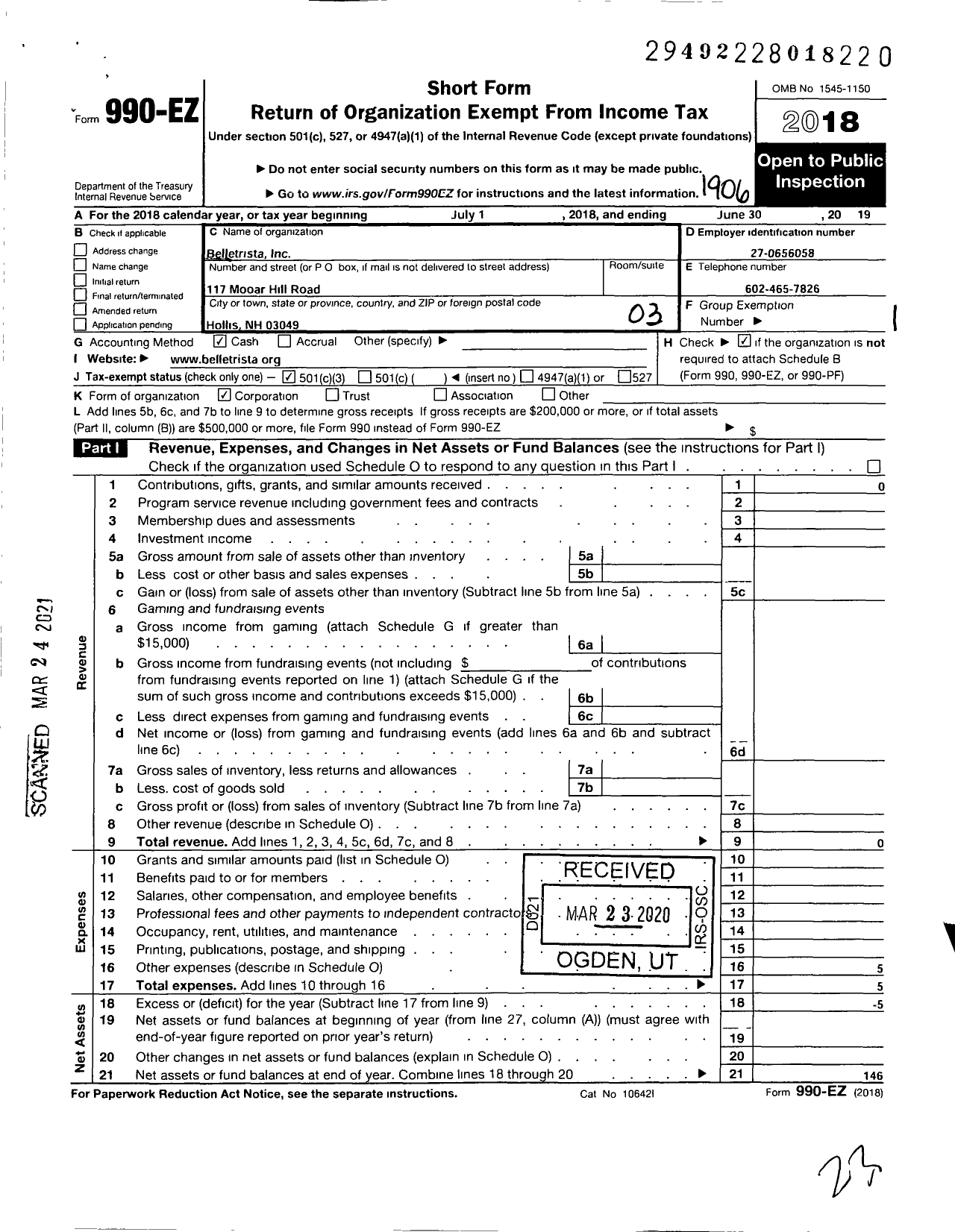 Image of first page of 2018 Form 990EZ for Belletrista