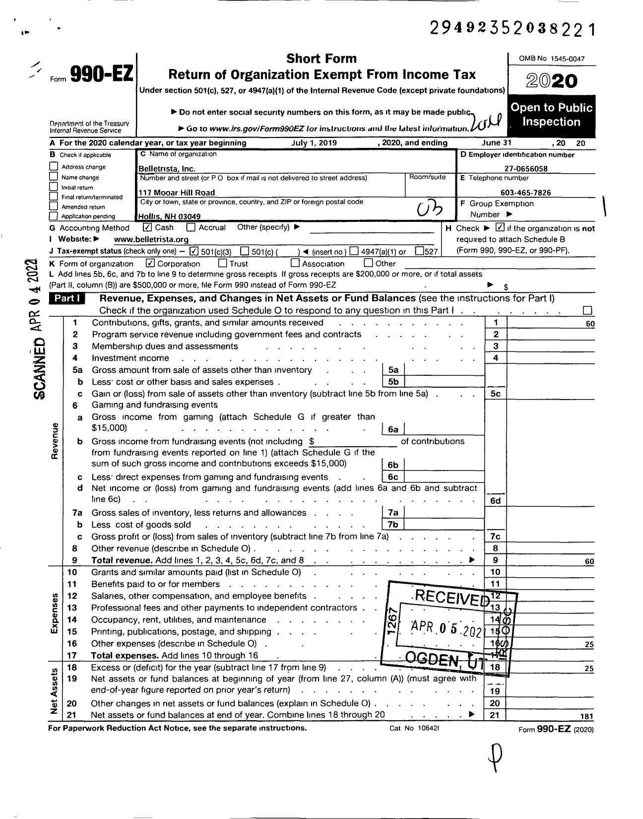 Image of first page of 2019 Form 990EZ for Belletrista