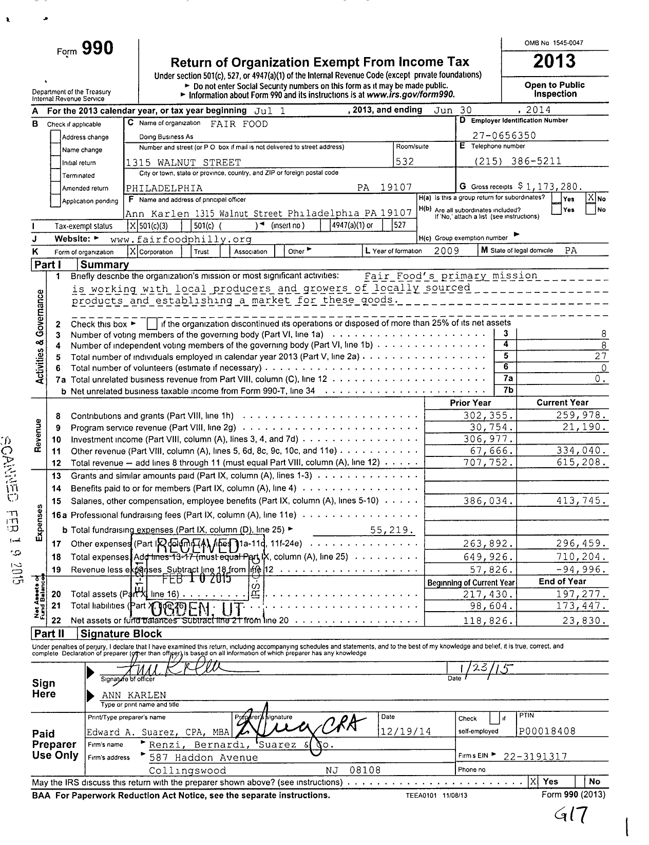 Image of first page of 2013 Form 990 for Fair Food