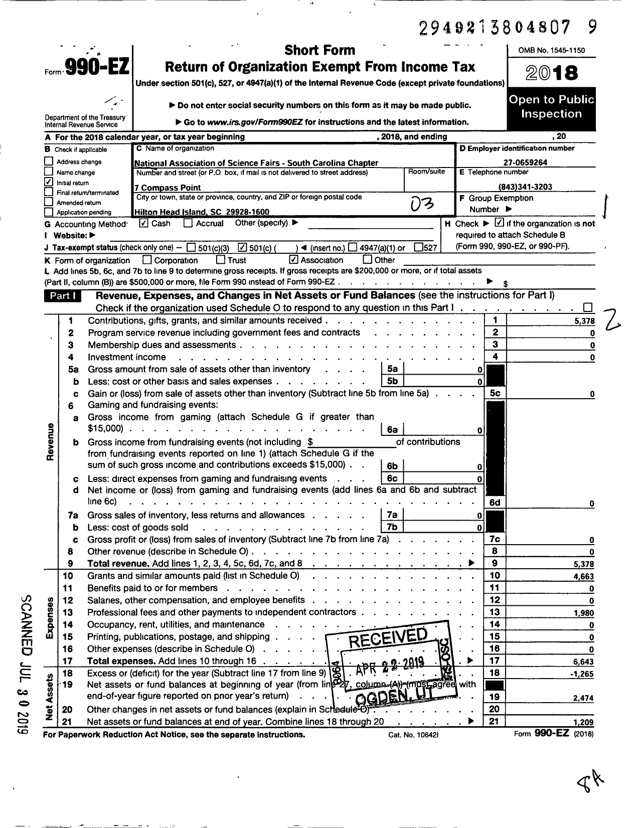 Image of first page of 2018 Form 990EZ for National Association of Science Fairs South Carolina Chapter