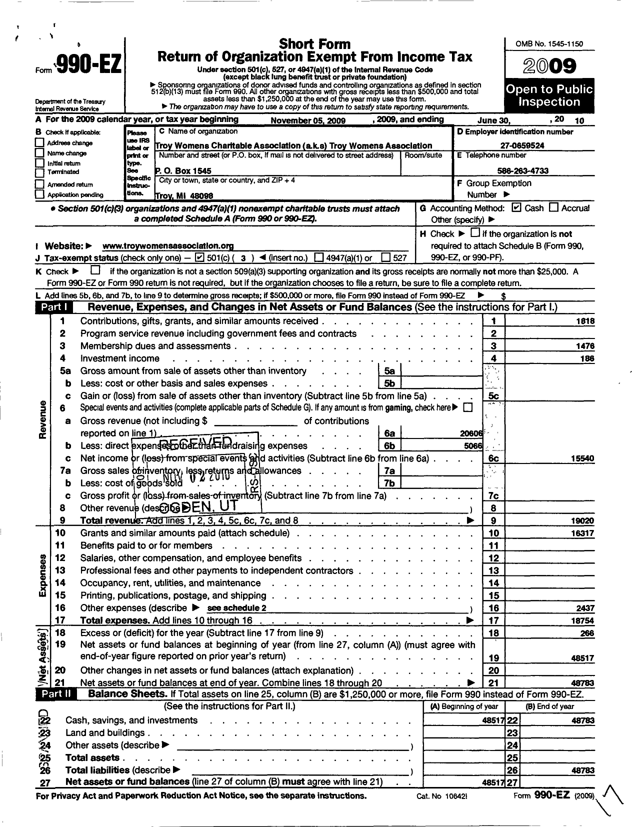 Image of first page of 2009 Form 990EZ for Troy Womens Charitable Association