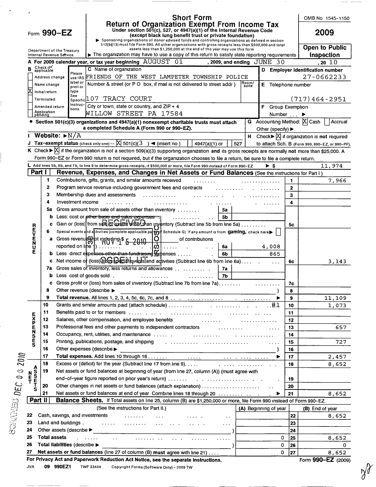 Image of first page of 2009 Form 990EZ for Friends of the West Lampeter Township Police