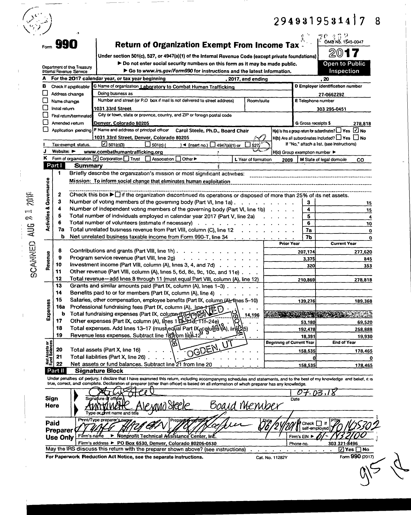 Image of first page of 2017 Form 990 for Laboratory To Combat Human Trafficking