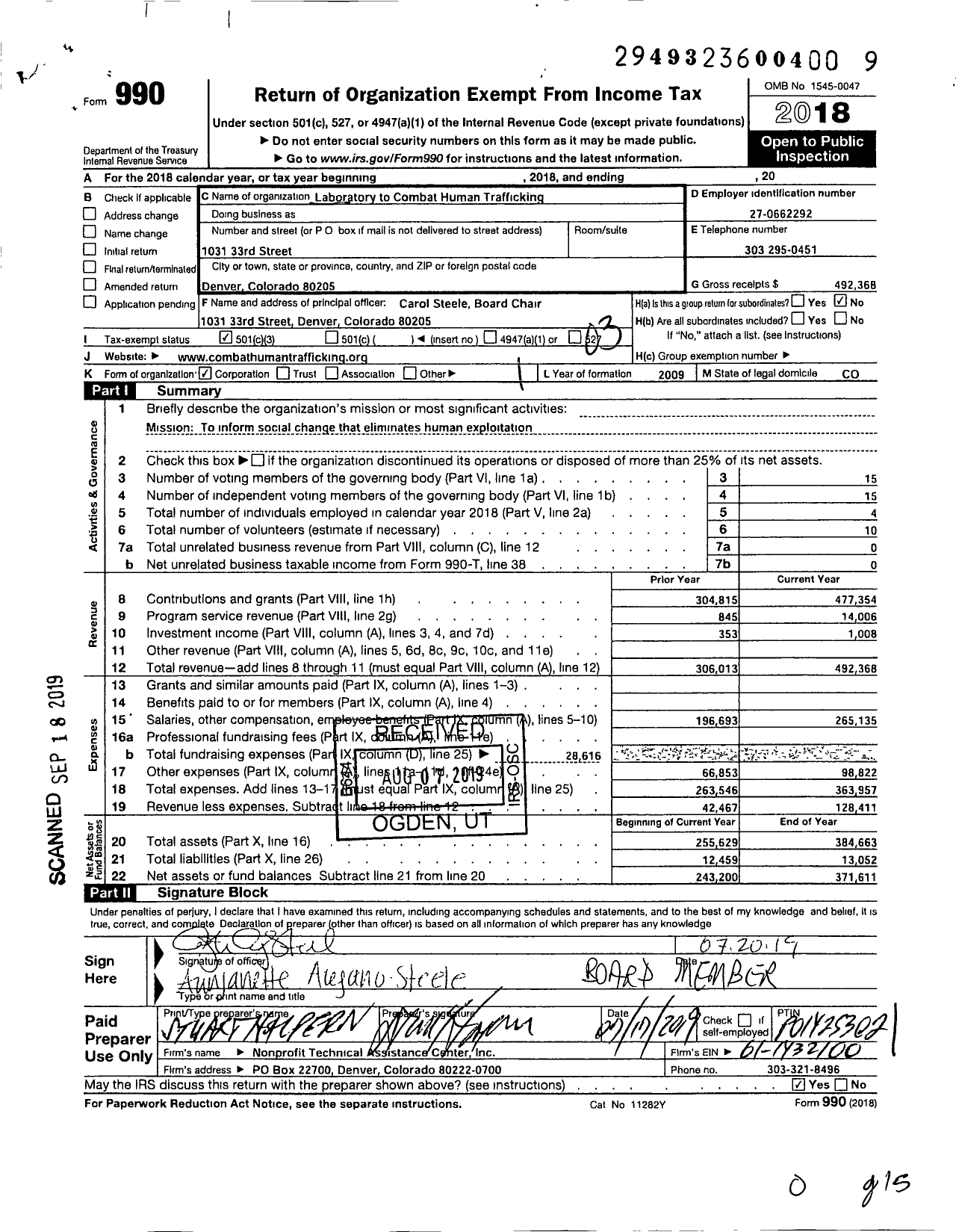 Image of first page of 2018 Form 990 for Laboratory To Combat Human Trafficking