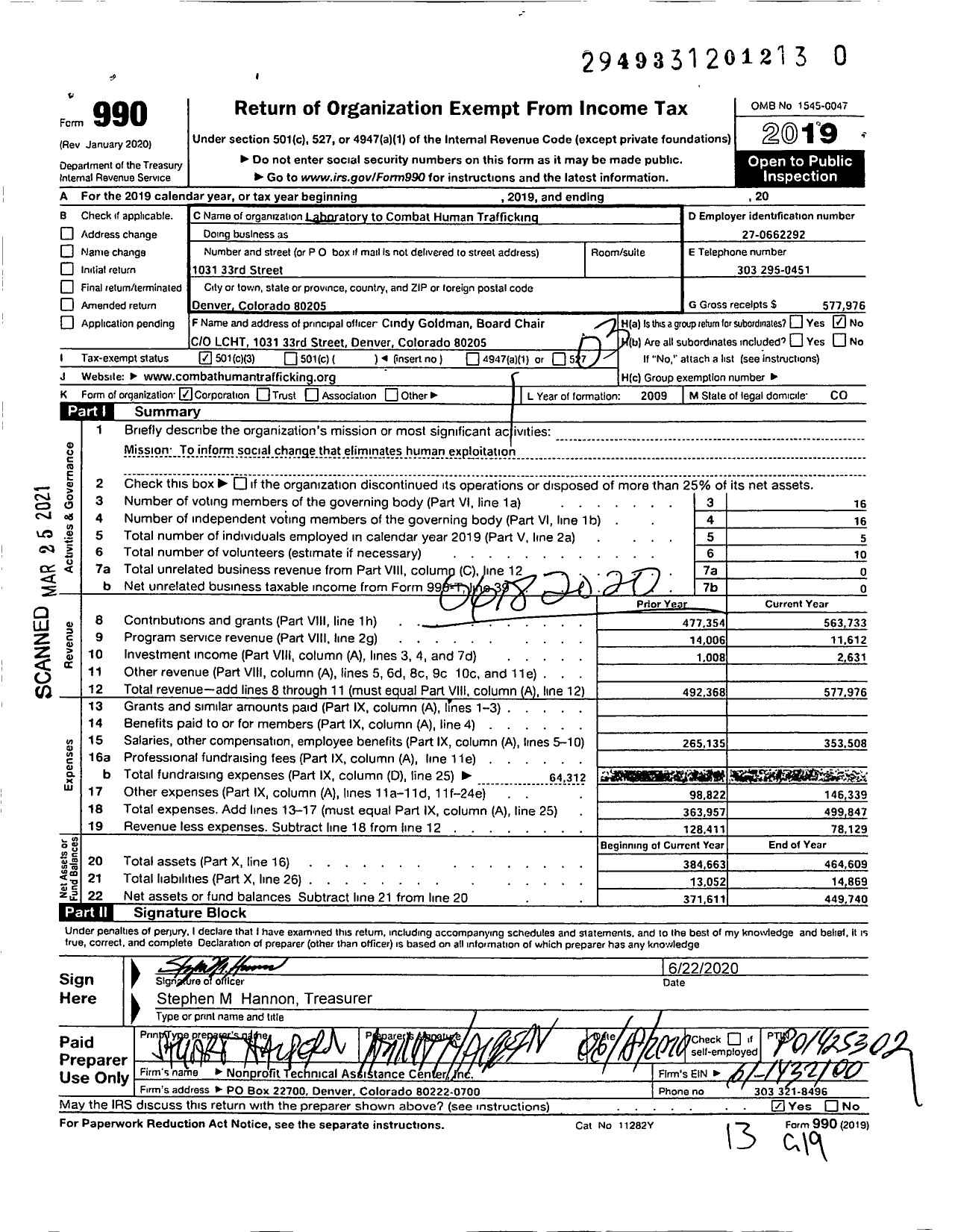 Image of first page of 2019 Form 990 for Laboratory To Combat Human Trafficking