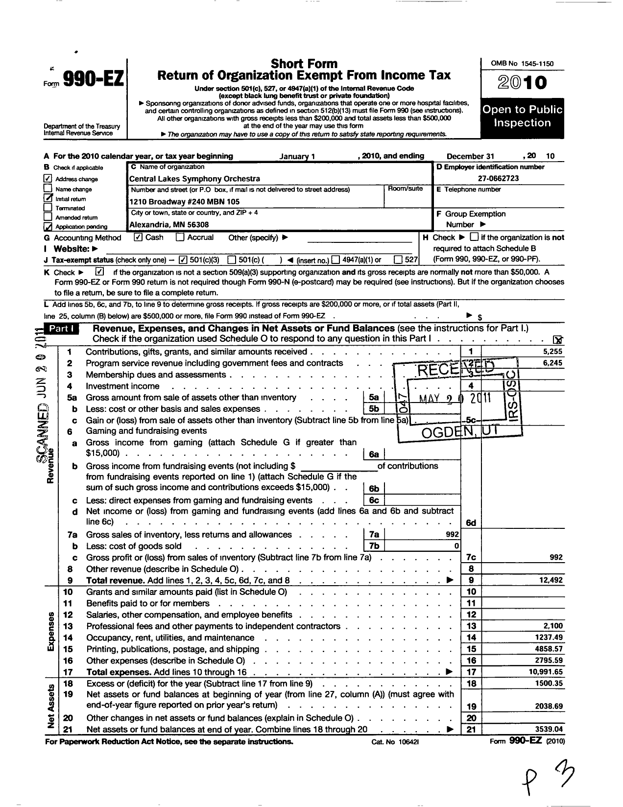 Image of first page of 2010 Form 990EZ for Central Lakes Symphony Orchestra