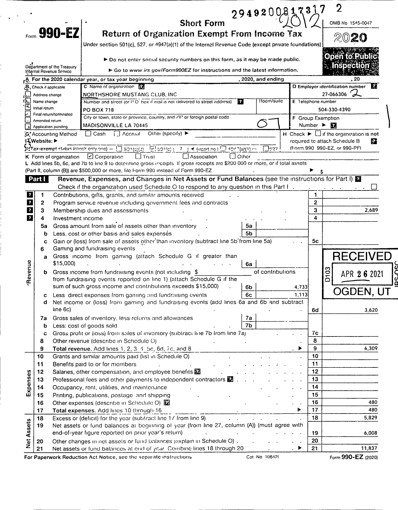 Image of first page of 2020 Form 990EO for Northshore Mustang Club