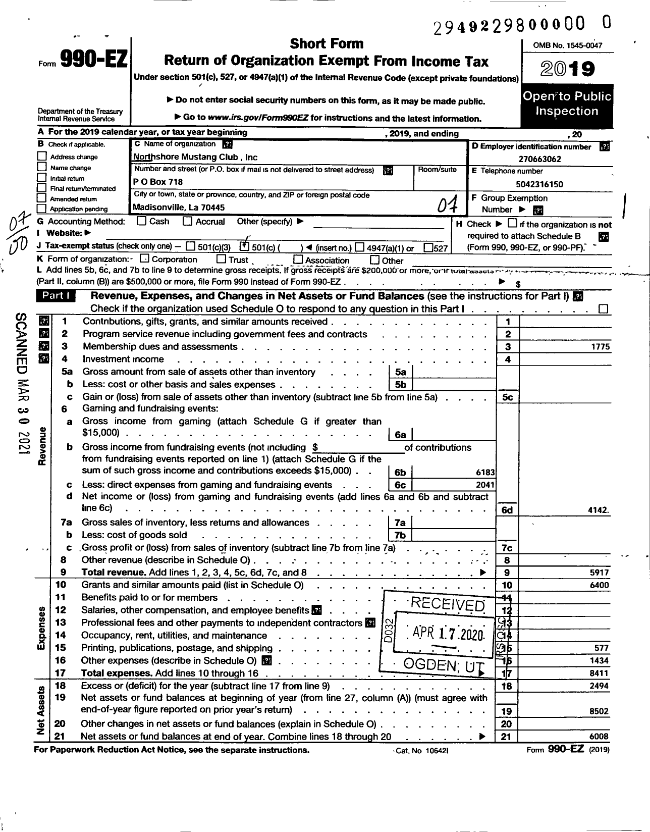 Image of first page of 2019 Form 990EO for Northshore Mustang Club