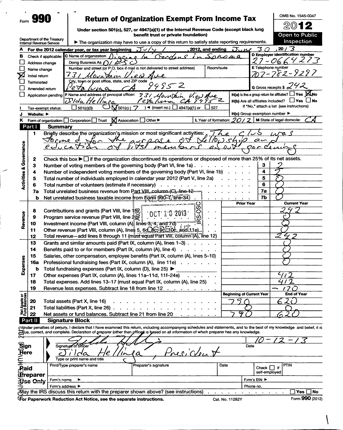 Image of first page of 2012 Form 990O for Digging in Gardens in Sonoma