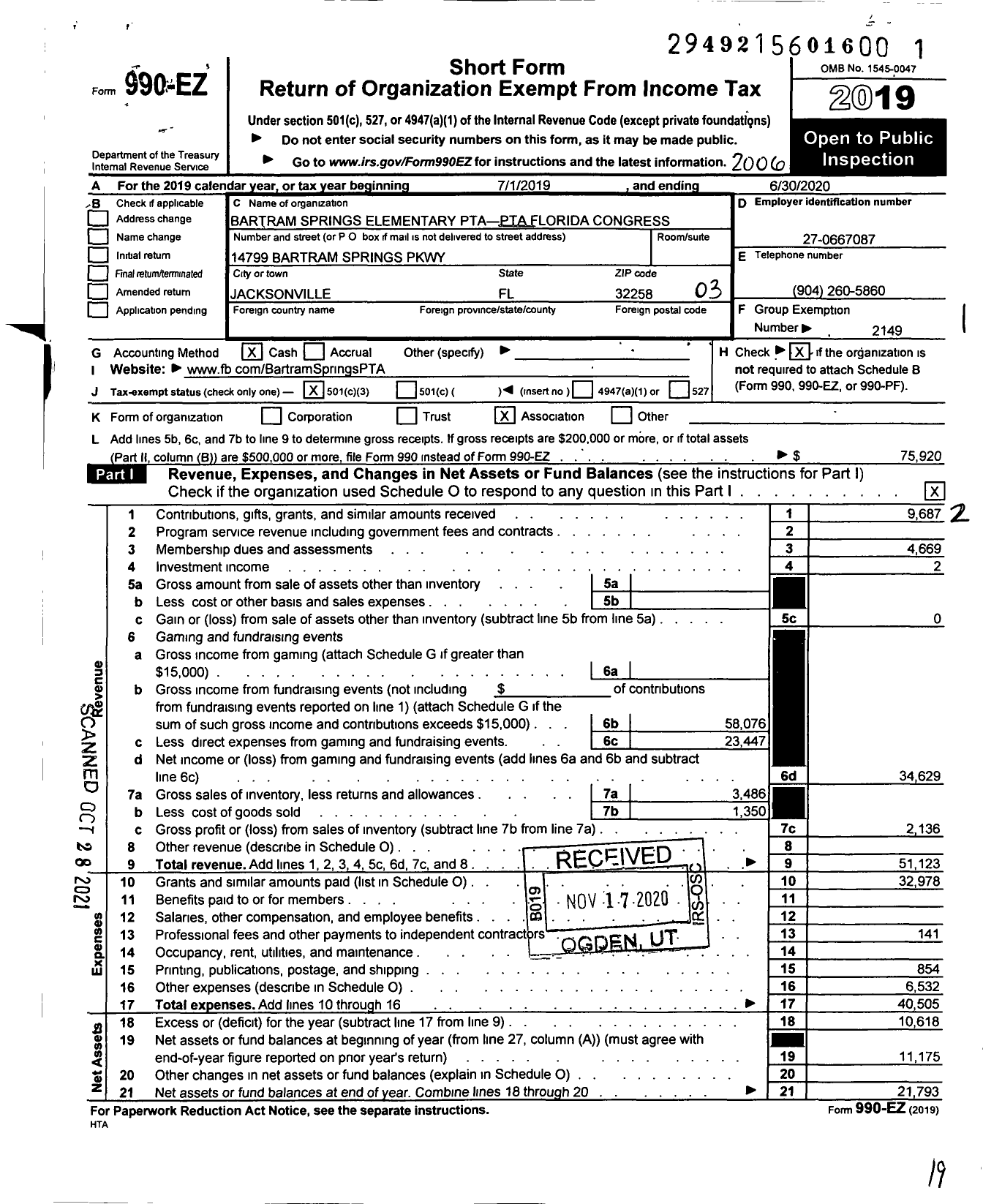 Image of first page of 2019 Form 990EZ for PTA Florida Congress - Bartram Springs Elementary PTA