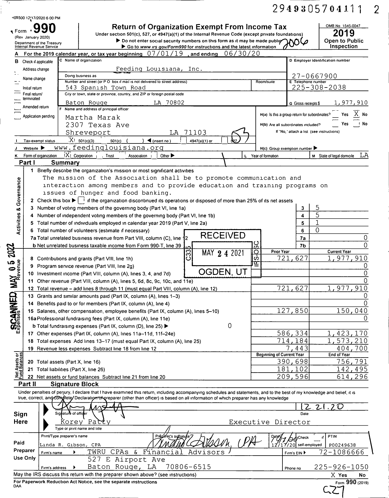 Image of first page of 2019 Form 990 for Feeding Louisiana