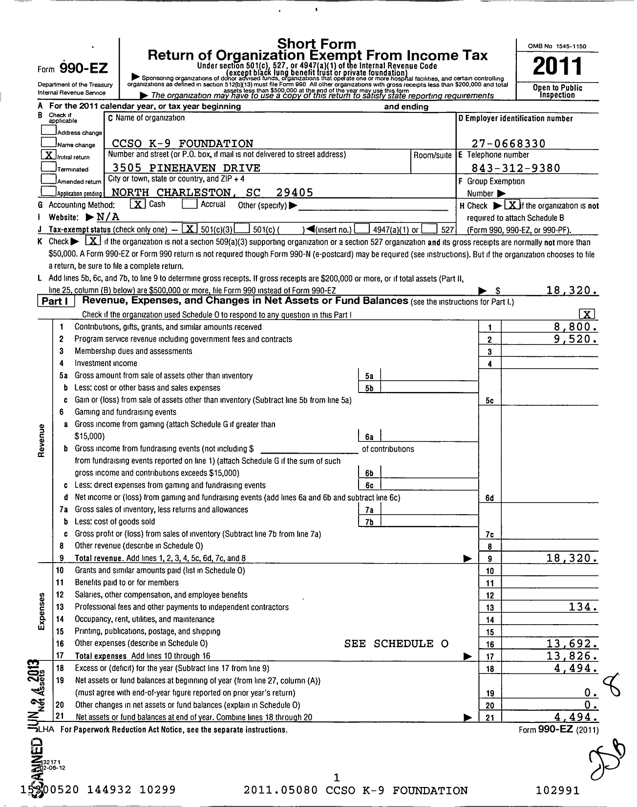 Image of first page of 2011 Form 990EZ for Ccso K-9 Foundation