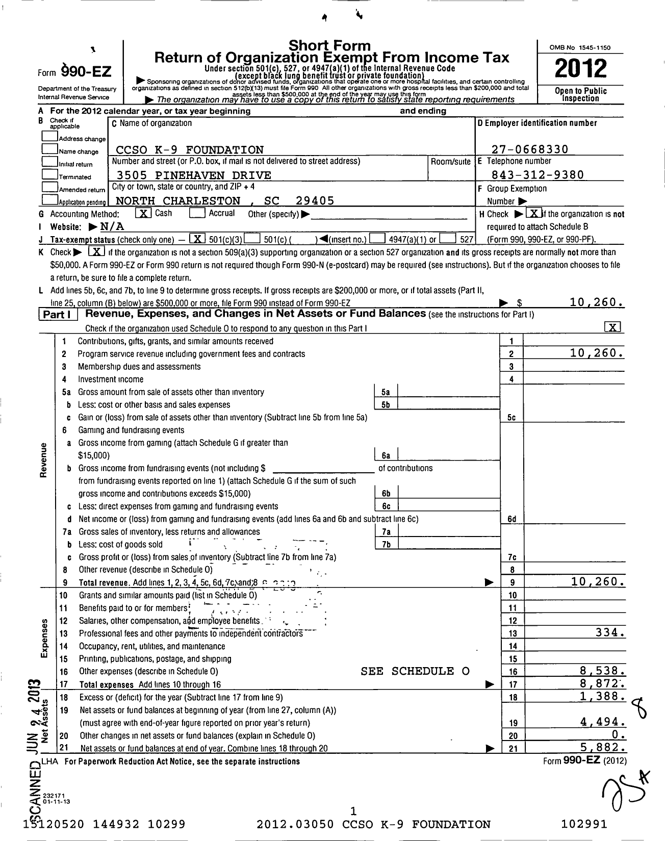 Image of first page of 2012 Form 990EZ for Ccso K-9 Foundation