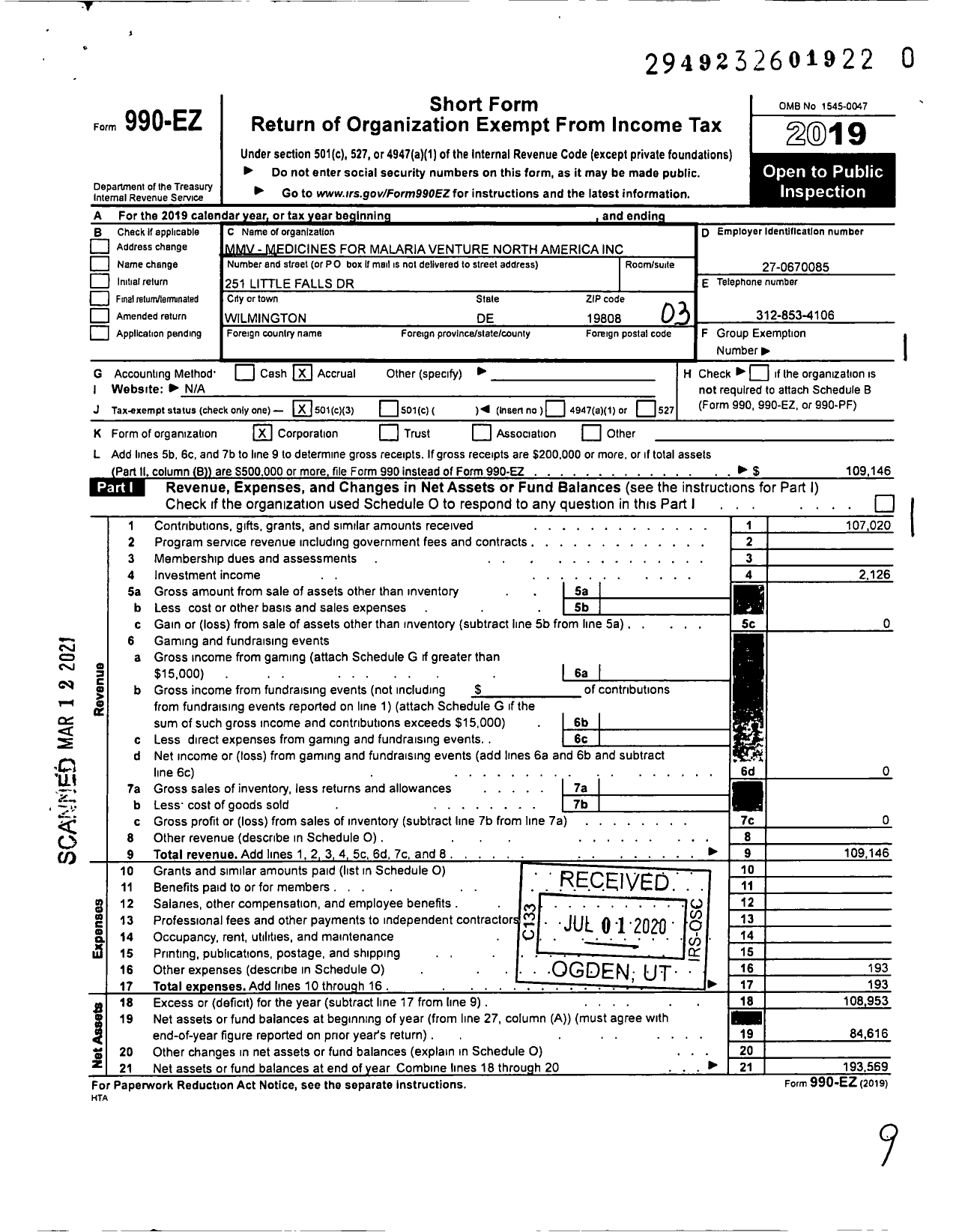 Image of first page of 2019 Form 990EZ for Mmv-Medicines for Malaria Venture North America