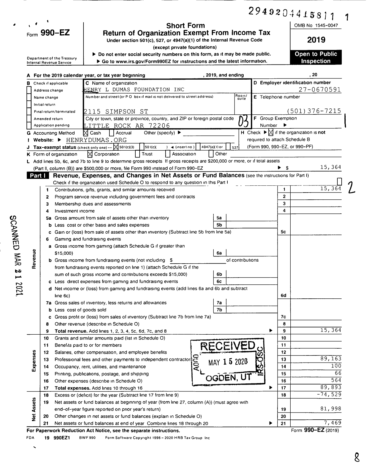 Image of first page of 2019 Form 990EZ for Henry L Dumas Foundation