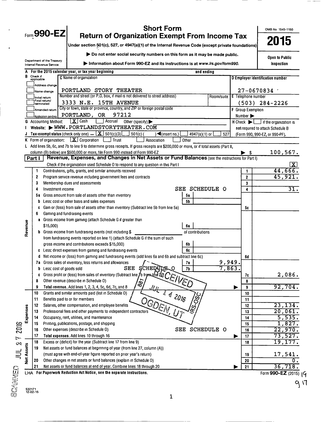 Image of first page of 2015 Form 990EZ for Portland Story Theater