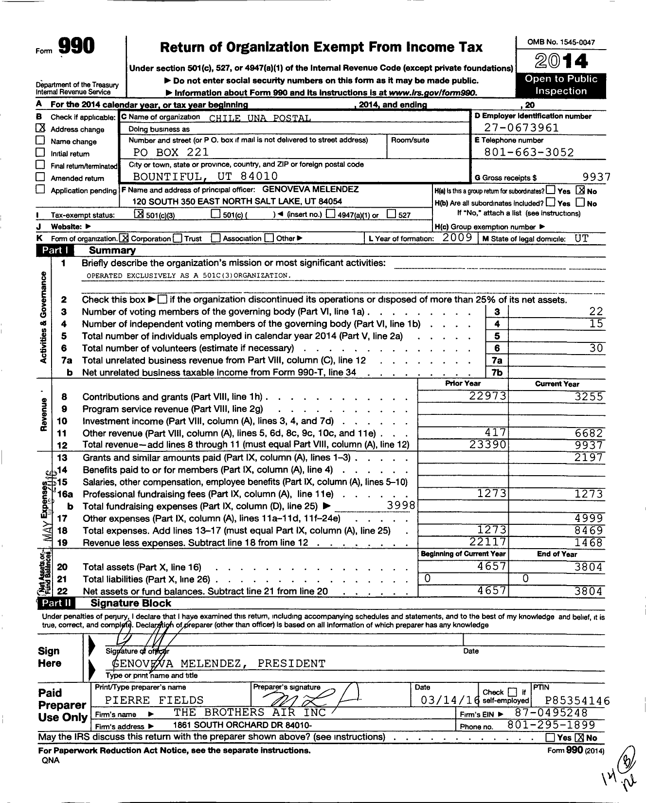 Image of first page of 2014 Form 990 for Chile Una Postal