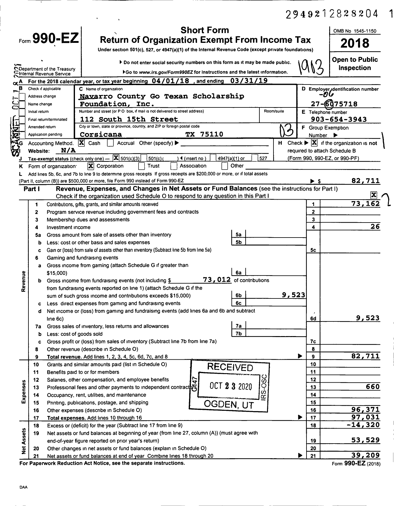 Image of first page of 2018 Form 990EZ for Navarro County Go Texan Scholarship Foundation