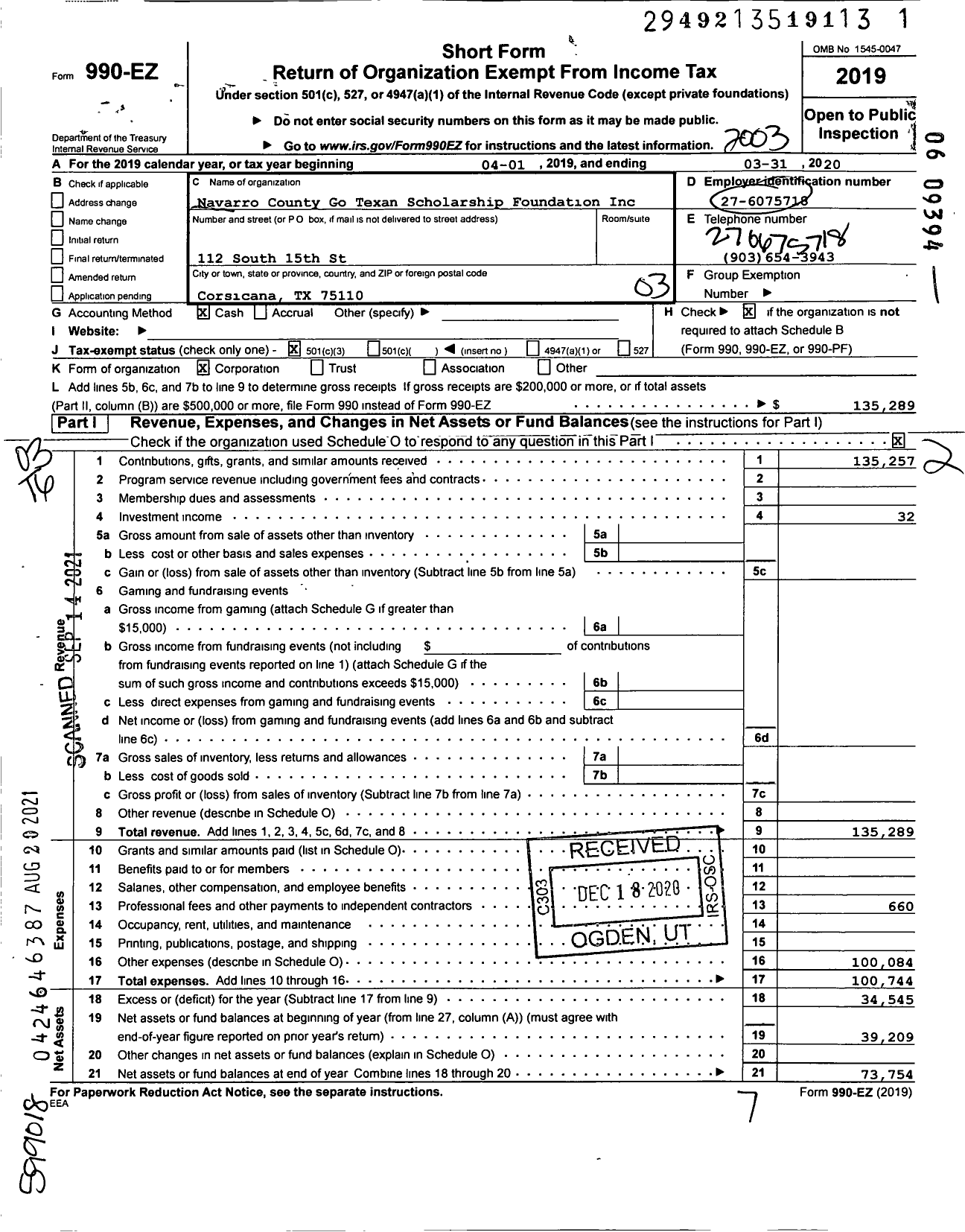 Image of first page of 2019 Form 990EZ for Navarro County Go Texan Scholarship Foundation