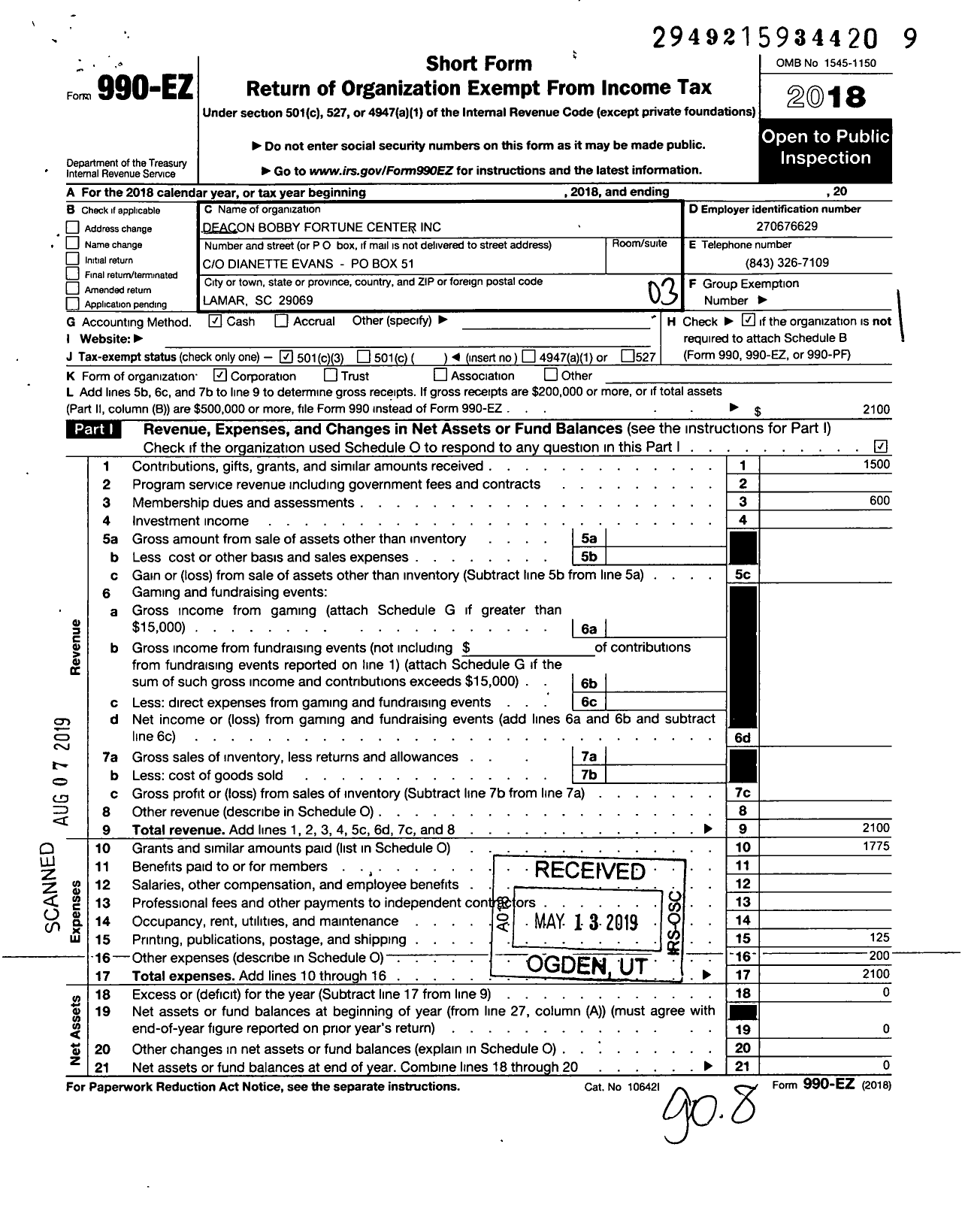 Image of first page of 2018 Form 990EZ for Deacon Bobby Fortune Center