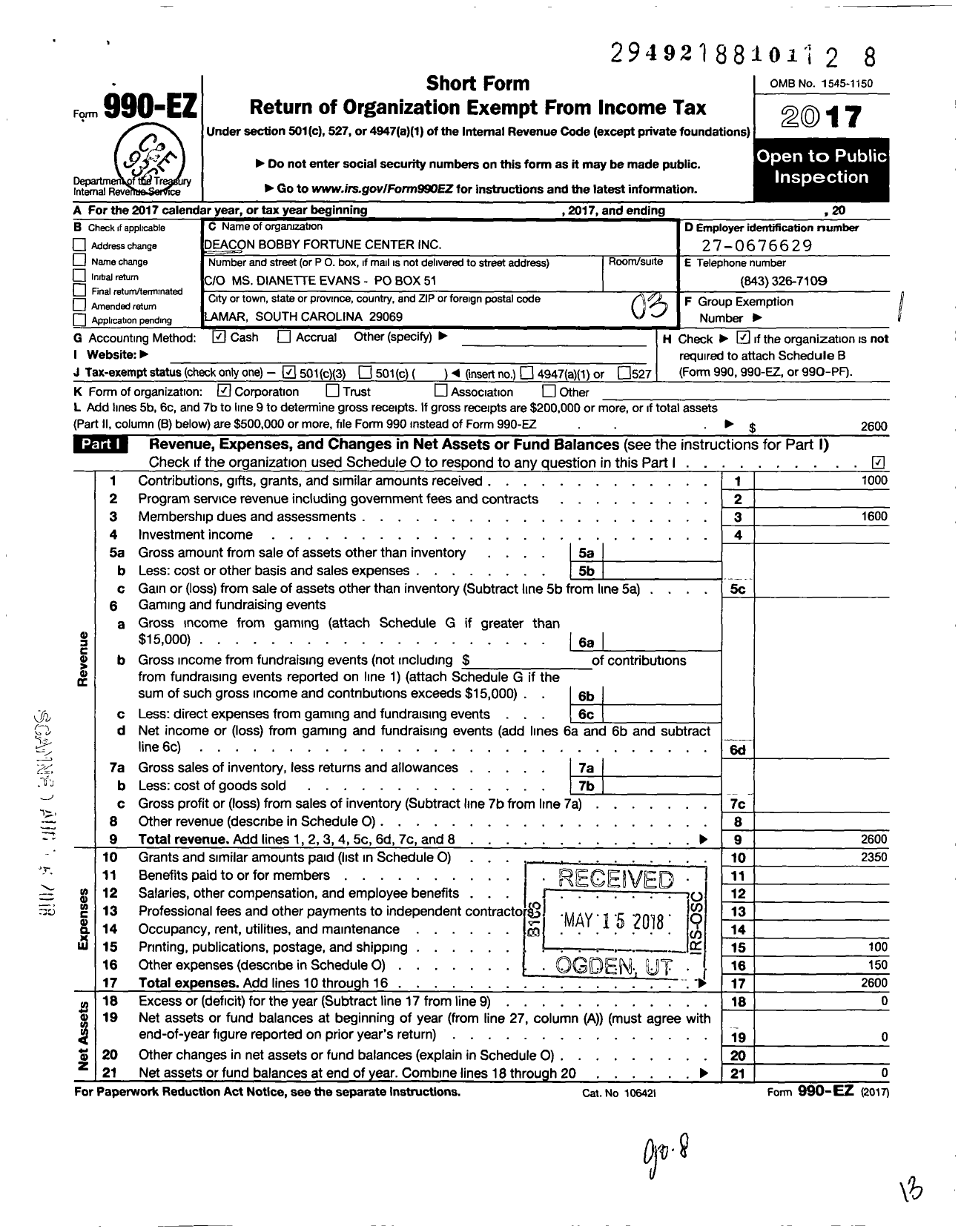 Image of first page of 2017 Form 990EZ for Deacon Bobby Fortune Center