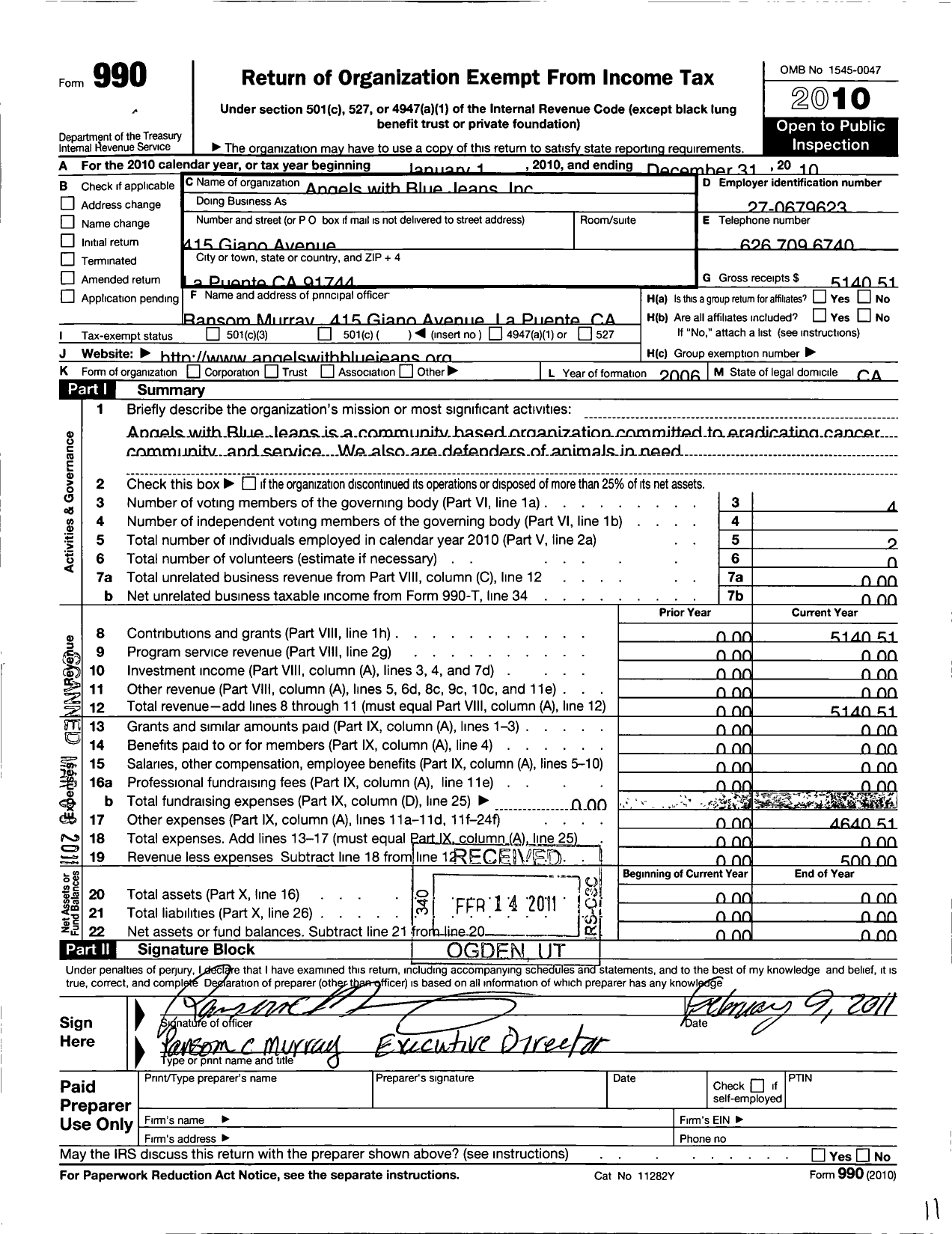 Image of first page of 2010 Form 990O for Angels with Blue Jeans