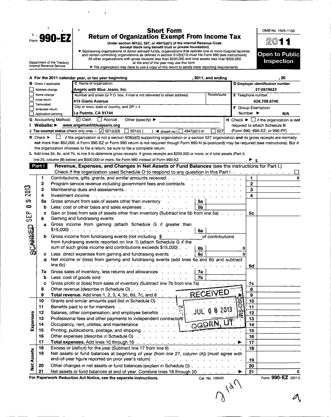 Image of first page of 2011 Form 990EZ for Angels with Blue Jeans