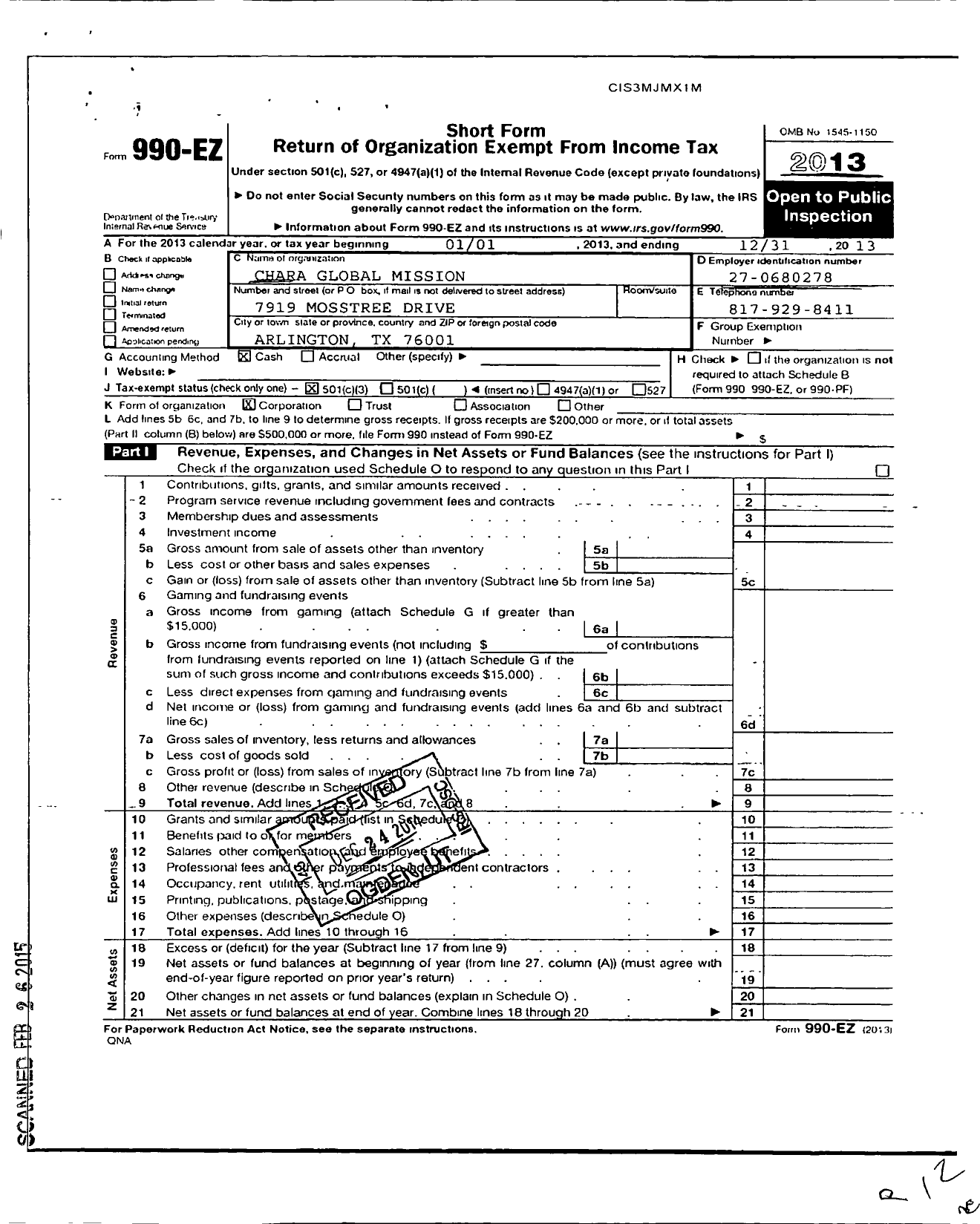 Image of first page of 2013 Form 990EZ for Chara Global Mission