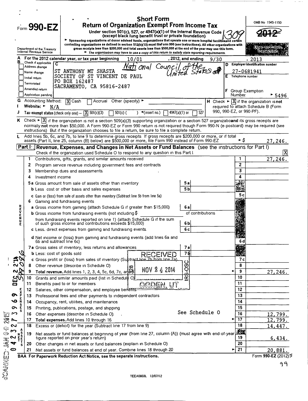 Image of first page of 2012 Form 990EZ for St Anthony Conference MT Shasta