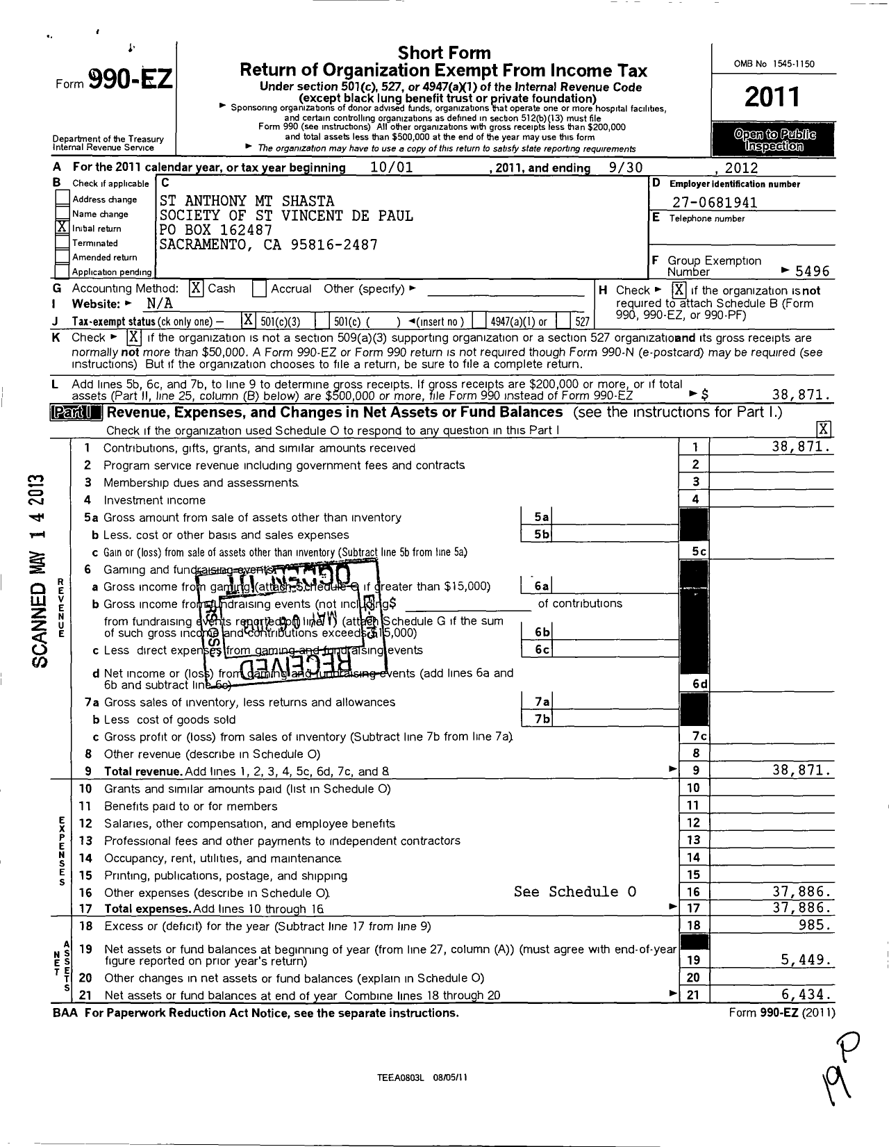 Image of first page of 2011 Form 990EZ for St Anthony Conference MT Shasta