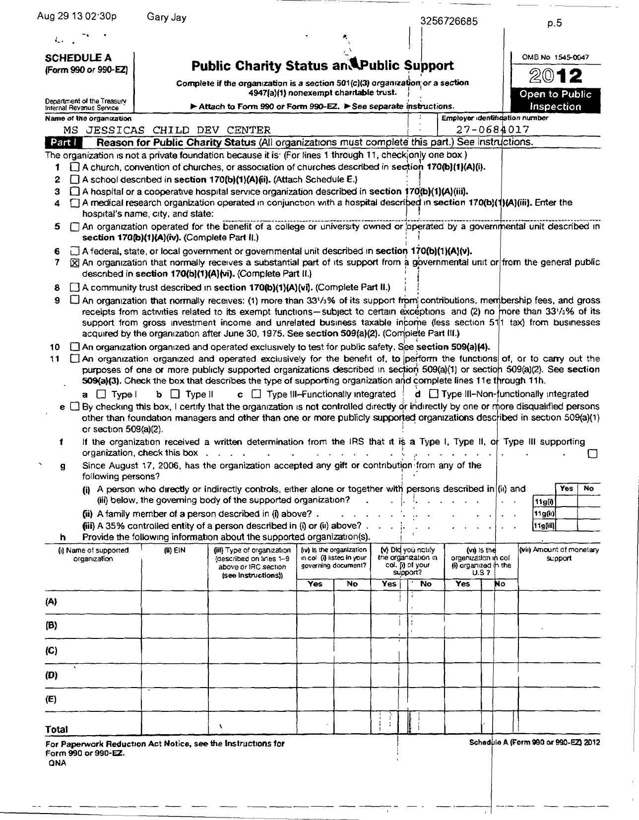 Image of first page of 2012 Form 990R for MS Jessica's Child Development Center