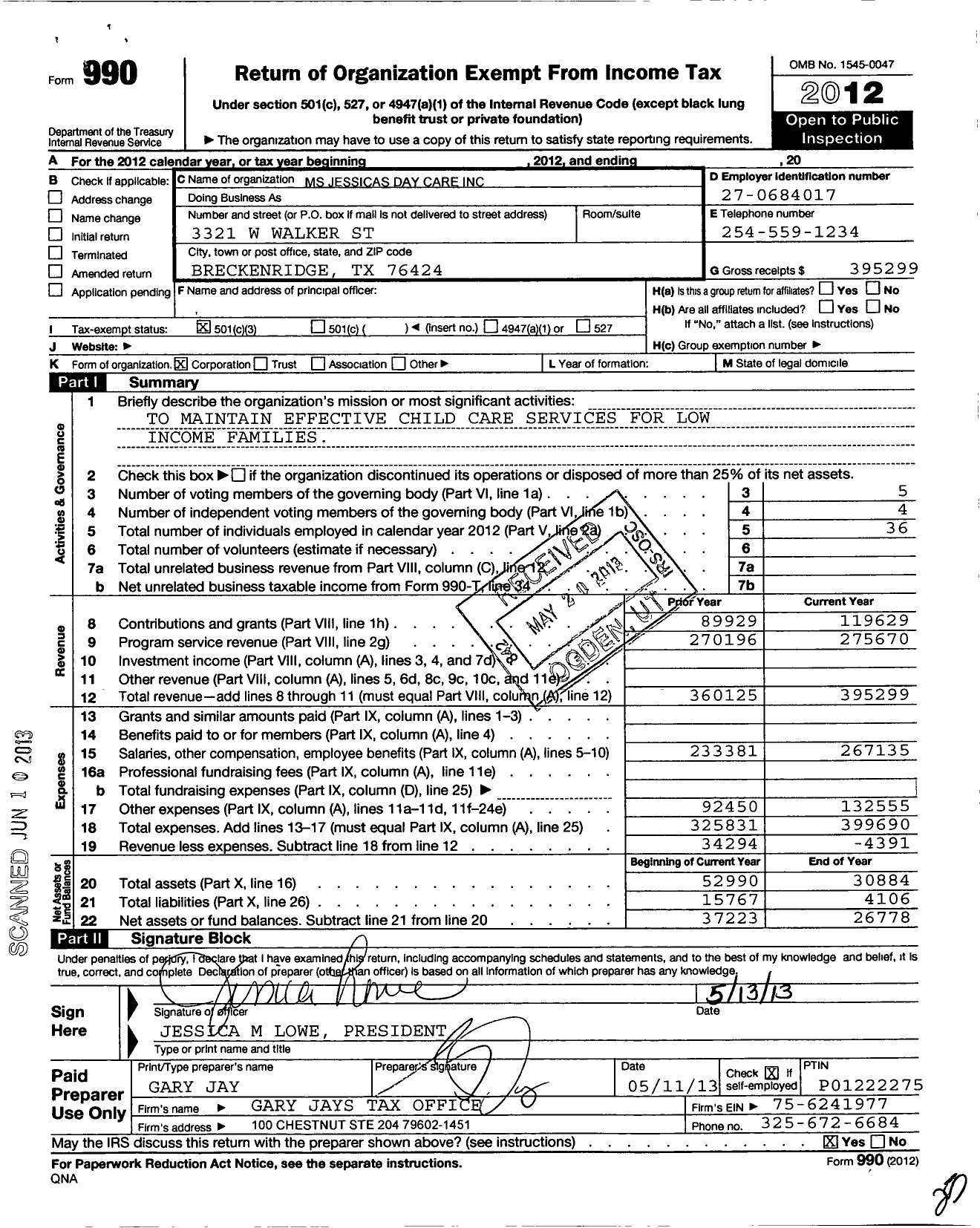 Image of first page of 2012 Form 990 for MS Jessica's Child Development Center