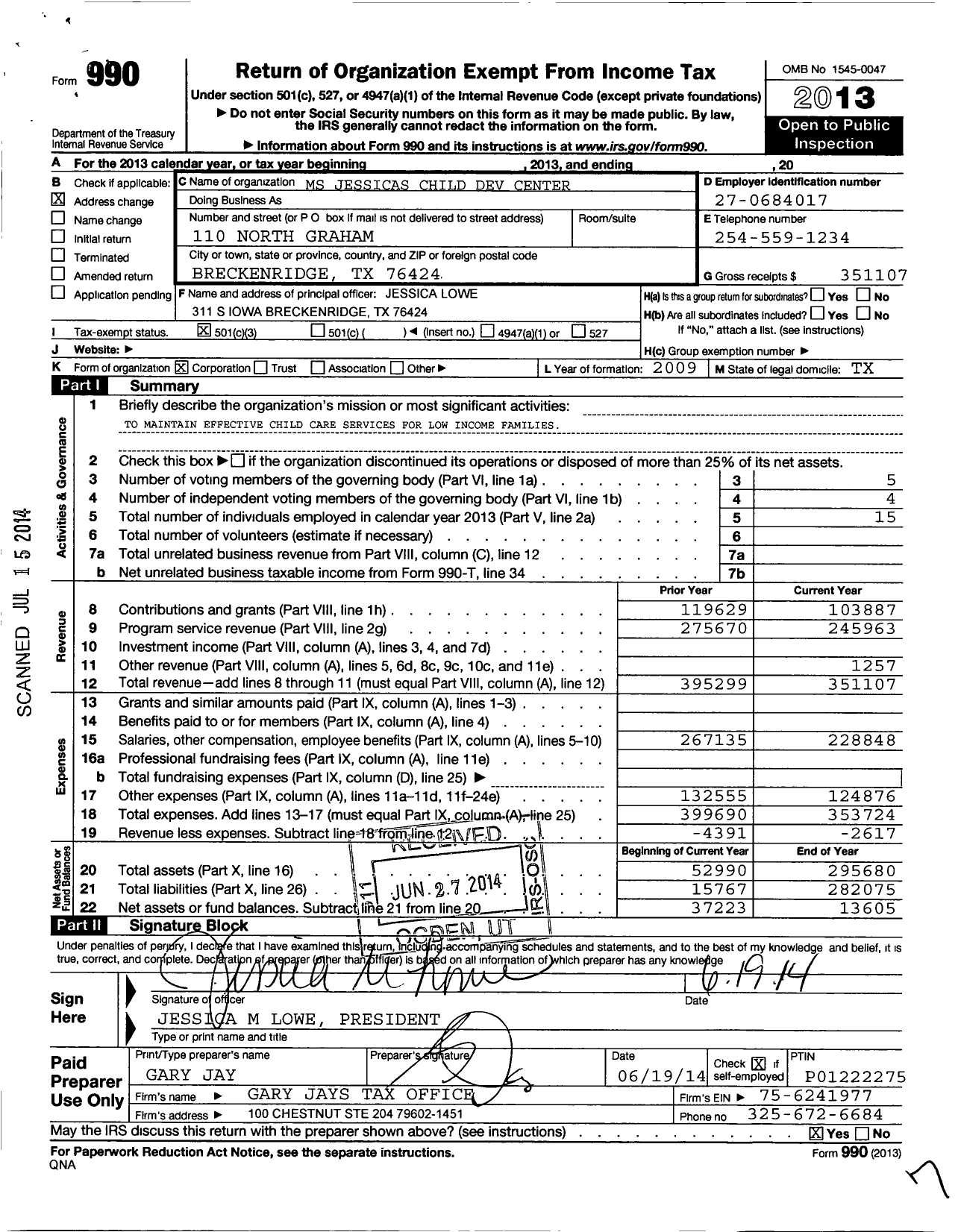 Image of first page of 2013 Form 990 for MS Jessica's Child Development Center