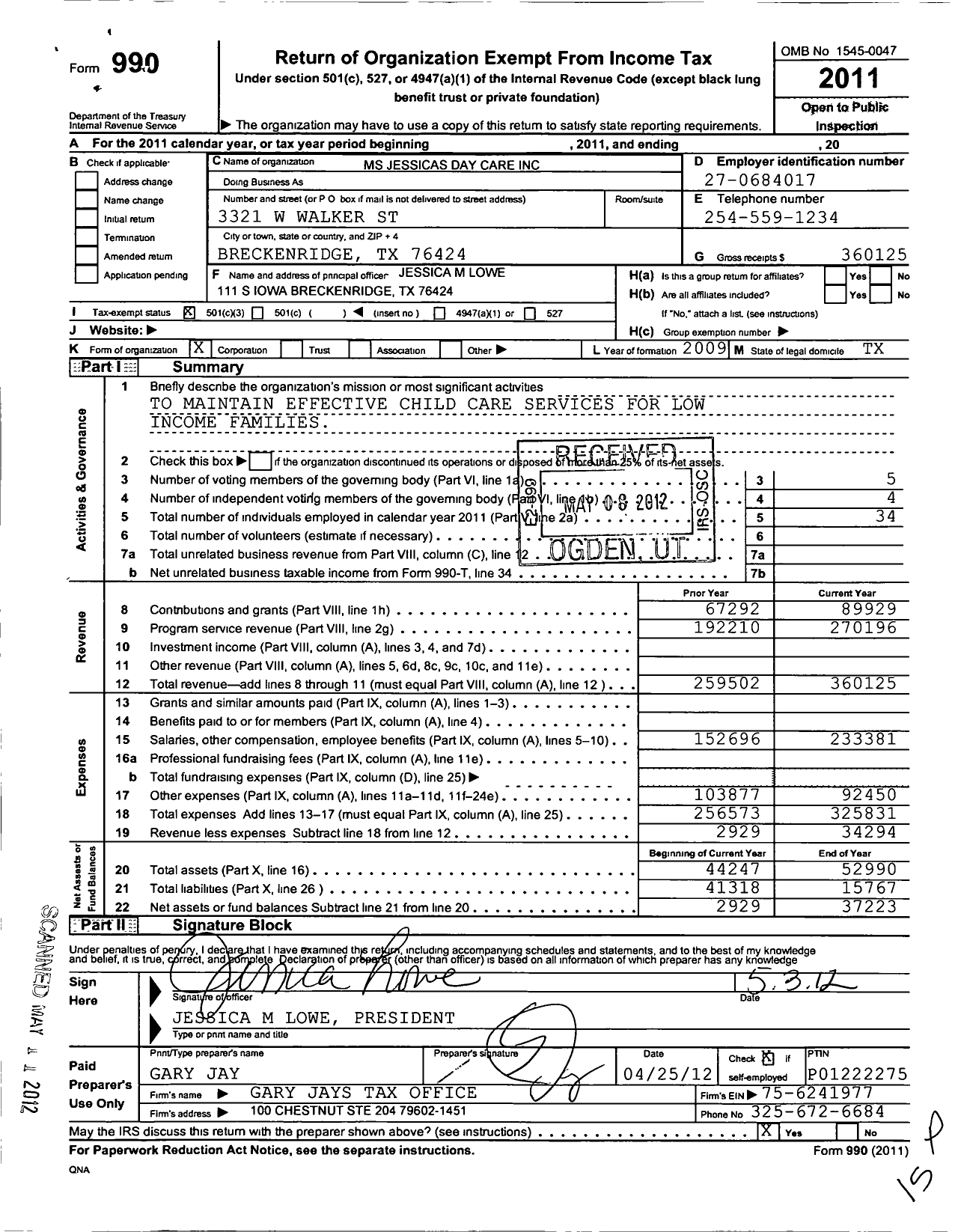 Image of first page of 2011 Form 990 for MS Jessica's Child Development Center