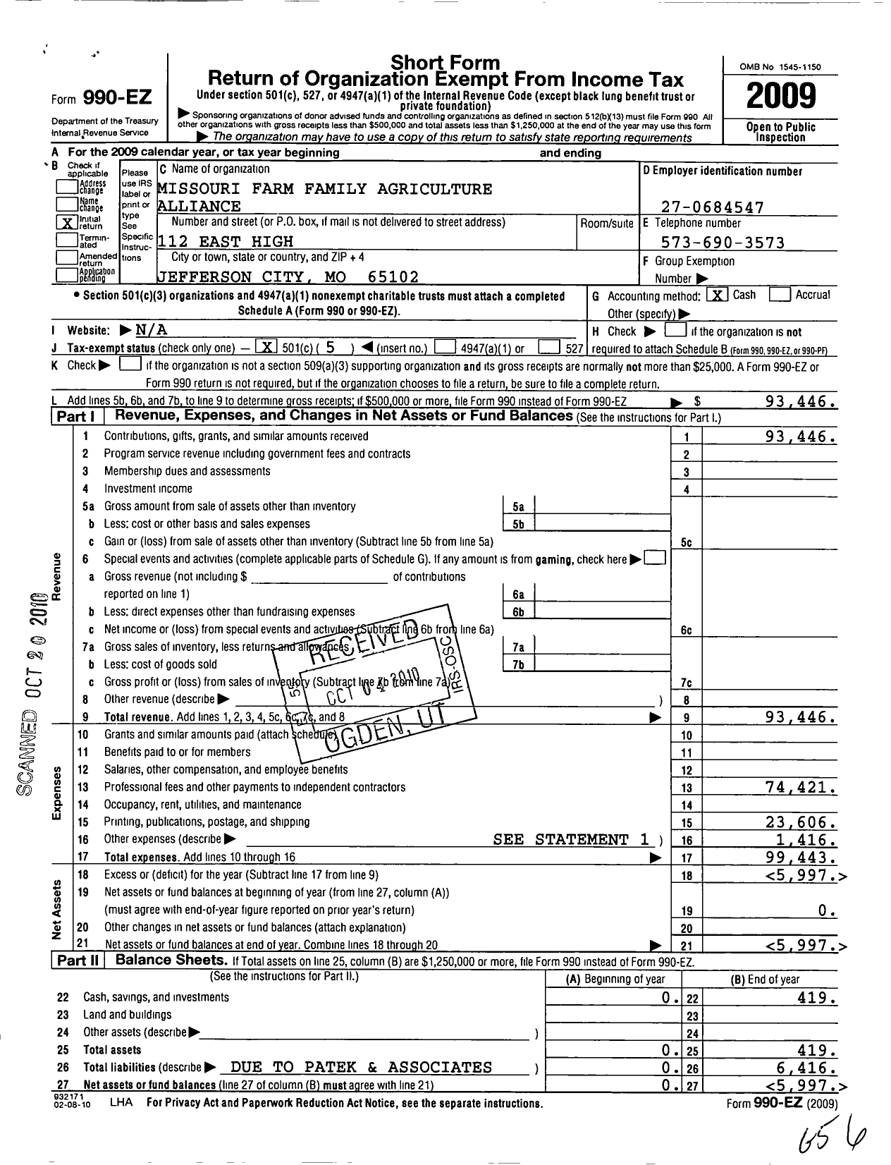 Image of first page of 2009 Form 990EO for Missouri Farm Family Agriculture Alliance