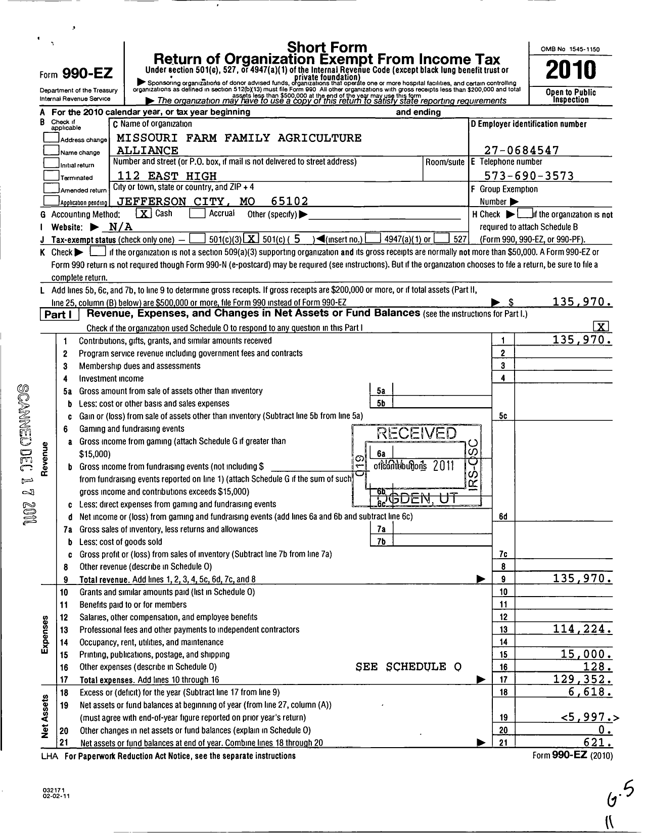 Image of first page of 2010 Form 990EO for Missouri Farm Family Agriculture Alliance