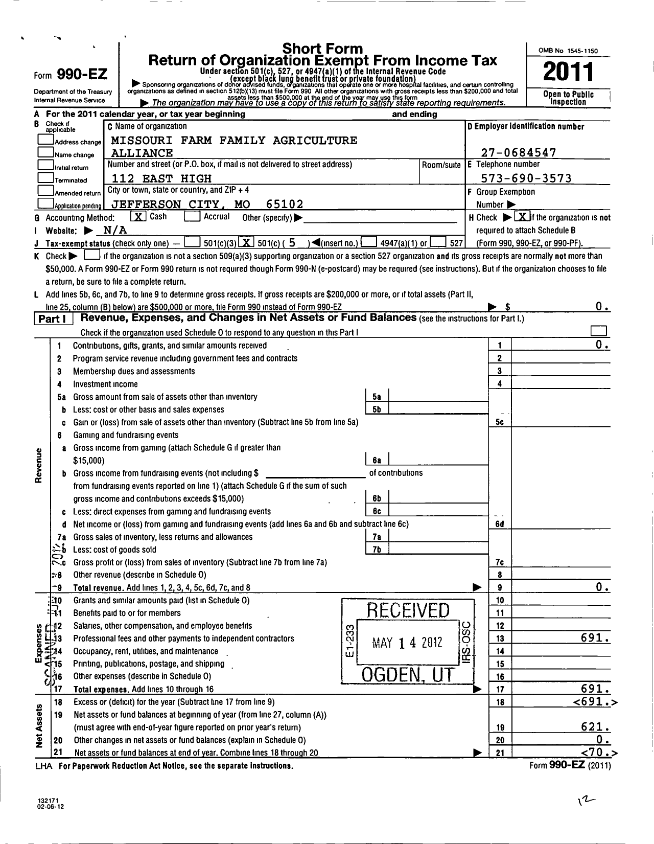 Image of first page of 2011 Form 990EO for Missouri Farm Family Agriculture Alliance