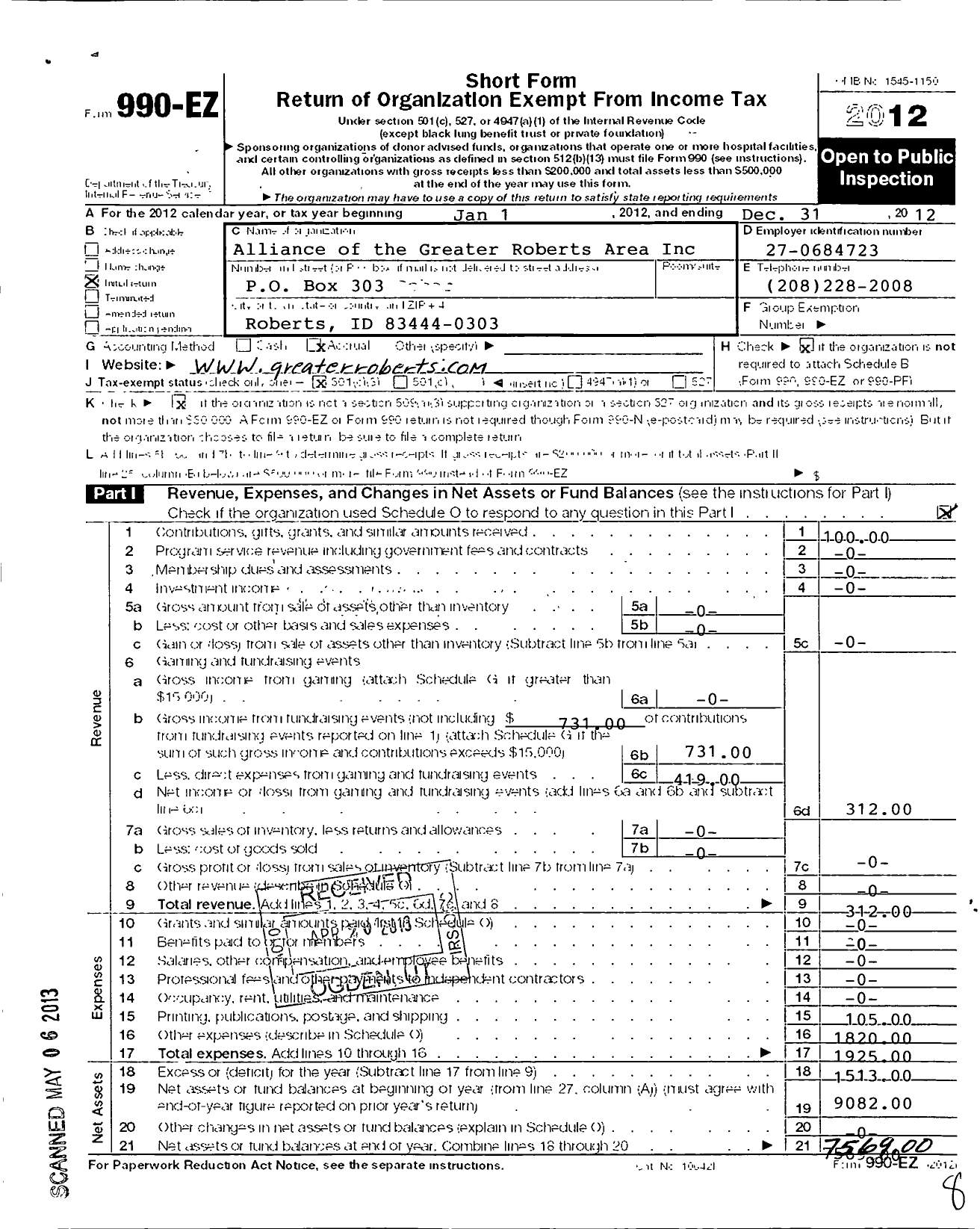 Image of first page of 2012 Form 990EZ for Alliance of Greater Roberts Area (AGRA)