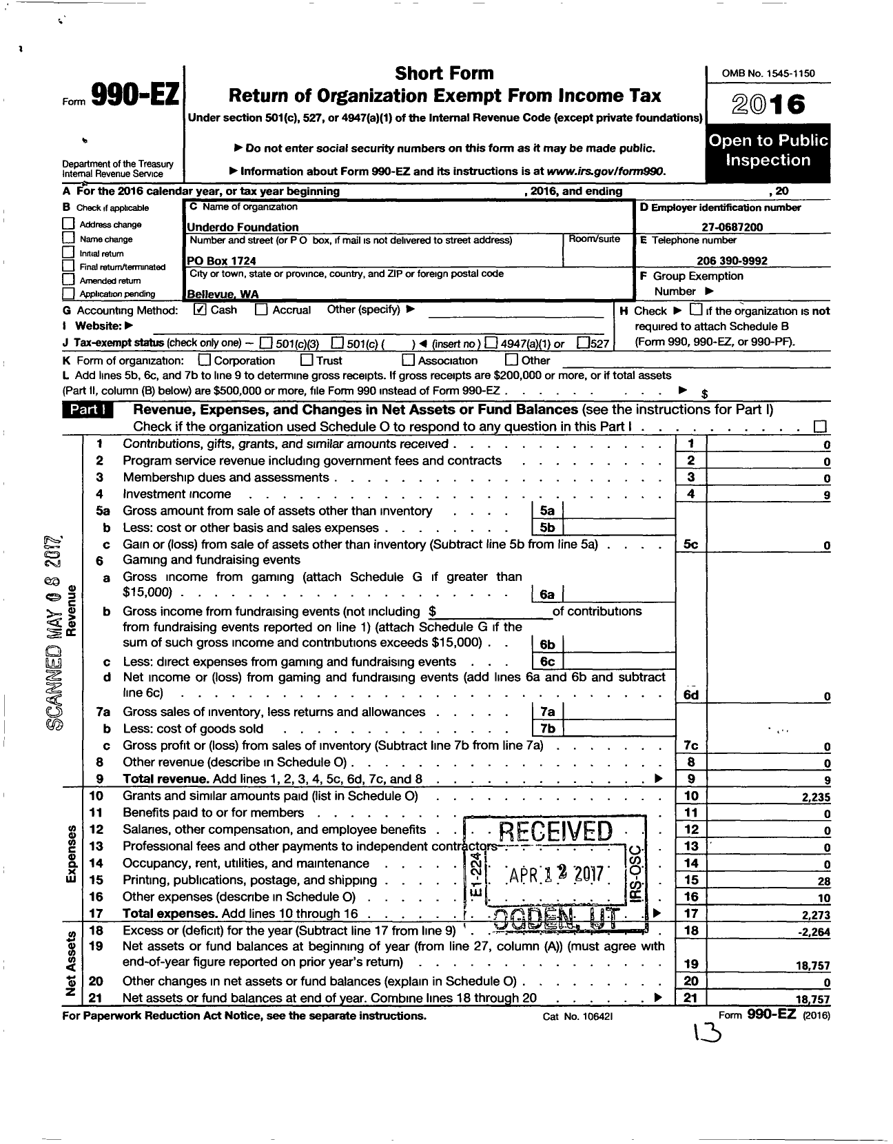 Image of first page of 2016 Form 990EO for Underdog Foundation